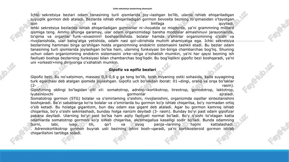 hasida joylashgan bo'lib, uning massasi 0,2 g. unda melatonin gormoni ishlab chiqariladi. bu gormon gi pofizning oraliq bo'lagidan ajraladigan intermidin gormoni singari, odam organizmida pigment almashinuvini boshqarishda ishtirok etadi. bundan tashqari, epifizdan ajraladigan gormon gi pofizning gonadotrop funksiyasini tormozlab, bolada vaqtidan ilgari balog'atga yetish jarayonini susaytiradi. epifizning funksiyasi bola 7 yoshga kirguncha kuchayib bora¬di, undan keyin uning faoliyati asta-sekin pasayib, balog'atga yet ish davri oldidan butunlay to'xtaydi. agar bu bezning funksiyasi oldinroq pasaysa, gi pofizning gonadotrop funksiyasi kuchayib ketib, bolada vaqtidan ilgari balog'atga yet ish belgilari paydo bo'ladi. tug`ma va orttirilgan immunitet buyrak usti, me'da osti va jinsi bezlar buyrak us!i bezlari. bu bezlar ikkita bo'lib, nomiga monand o'ng va chap buyraklarning ustki qismida joylashadi (6- rasm). ularning birgalikdagi og'irligi 10-20 g. buyrak usti bezlari ikki qavatdan: ustki - po'slloq va ichki - miya qavatdan iborat buyrak usti bezlarining ustki po'stloq qavatida uch guruh kortiko¬steroid gormonlar ish lab chiqariladi: i. …