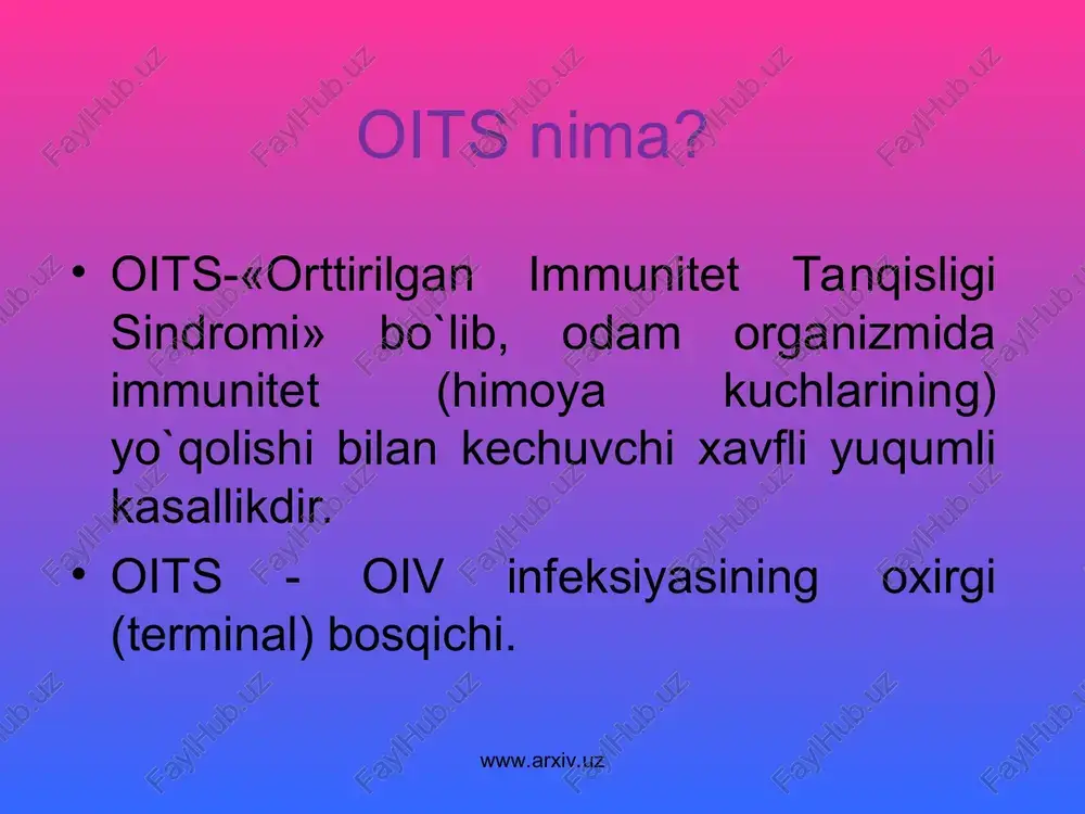 i: kasallikning yashirin davri o’rtacha 3-4 haftadan 5-6 oy, hatto 2-5 yilgacha davom etib, so’ng oiv infeksiyasining klinik belgilari namoyon bo’ladi. bunda kamquvvatlik, ishtaha pasayishi, kechalari terlash, uzoq vaqt sababsiz tana haroratining ko`tarilishi, limfa tugunlari (jag’ osti, qo’ltiq osti, chov)ning kattalashuvi kuzatiladi, terida toshmalar paydo bo’ladi. www.arxiv.uz www.arxiv.uz shuningdek, ich ketishi (diareya), sababsiz o`pka shamolashlari (atipik pnevmoniya) holatlari, odamning keskin ozib ketishi, xavfli o`smalarning rivojlanishi yuzaga keladi. avj olish davrida bemor sariq kasal, sil, nafas yo’llari va oshqozon ichak tizimini zararlovchi turli kasalliklarga beriluvchan bo’lib qoladi.tanada yuzaga kelgan boshqa kasalliklarning asorati tufayli inson hayotdan ko`z yumadi. kasallik muqarar o`lim bilan tugaydi. www.arxiv.uz www.arxiv.uz eslatma: sog’lomdek bo’lib ko’ringan odamdan spid yuqtirib olishingiz mumkin. spid virusi kirgandan so’ng kasallikning birinchi belgilari namoyon bo’lishiga qadar bir necha oy yoki yillar o’tishi mumkin, lekin kasallangan odam jinsiy aloqa yoki igna berish orqali boshqalarga xam ushbu kasallikni yuqtirishi mumkin. www.arxiv.uz www.arxiv.uz statistika butunjahon sog’liqni saqlash …