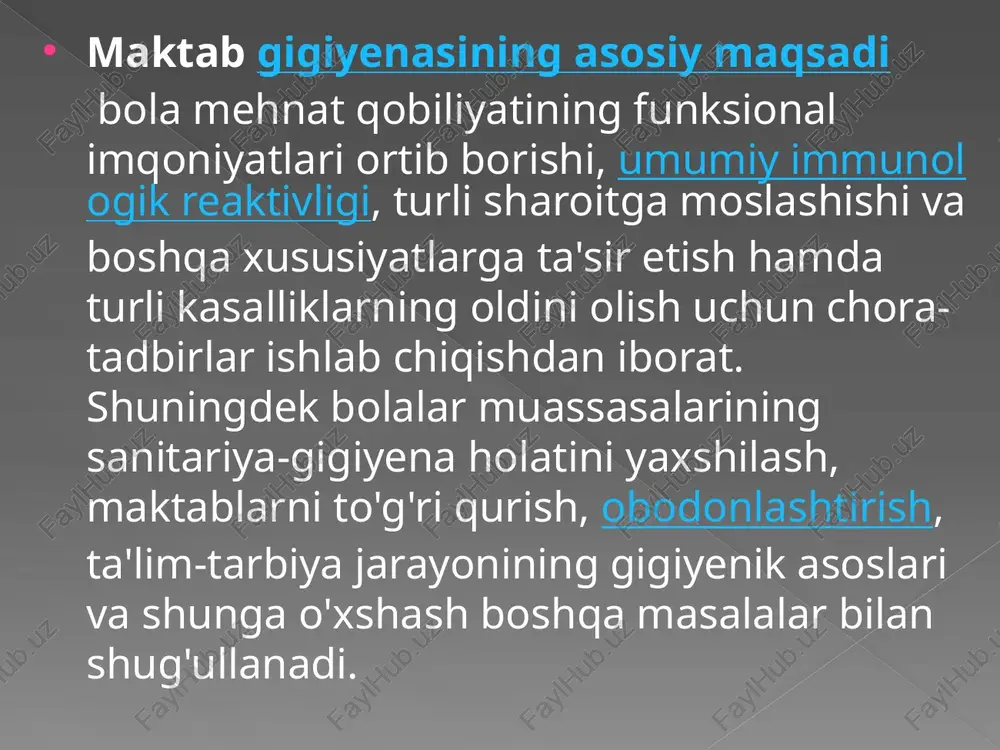 yaratilmasligi va gigiyena talablariga amal qilinmasligi bolaning o'sishi va rivojlanishiga salbiy ta'sir ko'rsatadi, bolalarning talay qismida o'sish va rivojlanishning buzilishi, turli kasalliklarga chalinish kabi salbiy holatlar ortib bormoqda. bu kabi salbiy holatlarning oldini olish va bartaraf etish uchun o'zbekiston respublikasi vazirlar mahkamasi 1993 yil 3 dekabrda 589 qarori bilan «yosh avlodni sog'lomlashtirish muammolarini majmuali hal etishning kengaytirilgan dasturi»ni tasdiqladi mazkur dasturda odam sog'ligini mustahkamlash va umrini uzaytirishda jamiyatimizning har bir a'zosi sog'lom turmush tarziga amal qilishi muhim ahamiyatga ega ekanligi qayd qilingan. 2000 yil sog`lom avlod yili deb elon qilinishi mamlakatimizda olib borilayotgan oliyjanob, savobli ishlarning davomi deb hisoblanadi. mustaqil o`zbekiston oldida turgan asosiy masalalardan biri bu talim-tarbiya tizimini tubdan o`zgartirib, uni hozirgi zamon talabi darajasiga ko`tarishdir. mamlakatimizning birinchi ordeni "sog`lom-avlod uchun" ordeni bo`lib, u 4 mart 1999 yilda qabul qilingan. 29 aprel 1993 yilda "sog`lom-avlod uchun" jamg`armasi tuzildi. sog'lom turmush tarzi tushunchasi kishi hulq-atvorining hamma tomonlarini qamrab oladi. har …