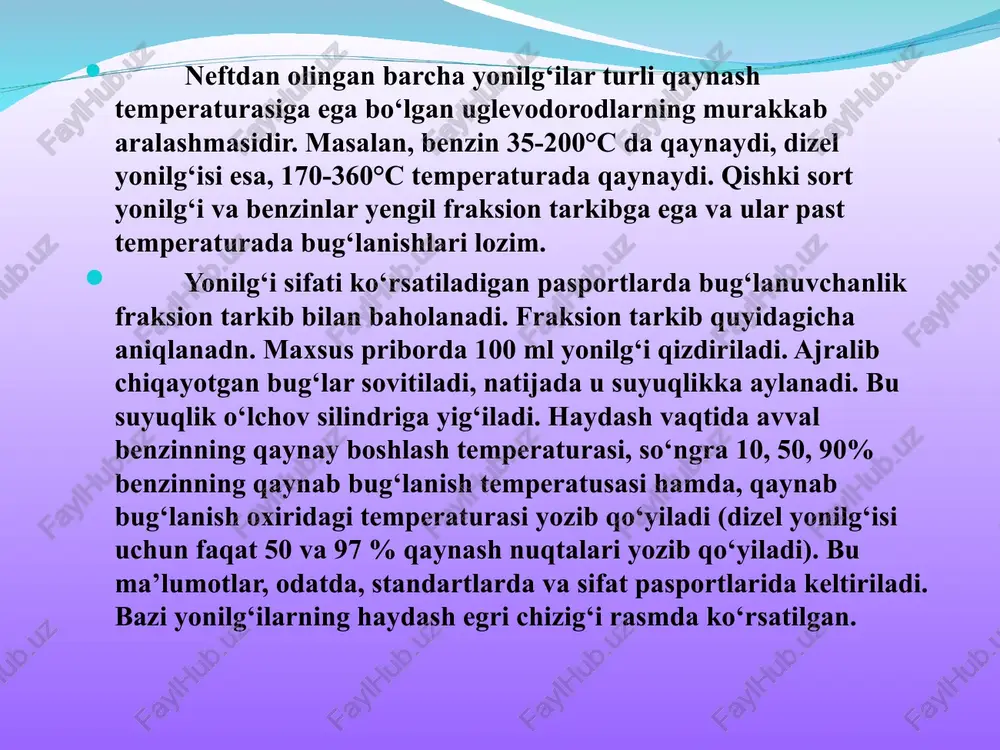 rni yurgizib yuborishni osonlashtirish uchun qishki sort benzinlarining bosimi 0.06-0.09 mpa(500-700 mm simob ustuni) bo‘lishi lozim. o‘t oldirish temperaturasi yonilg‘ining fraksion tarkibi bilan uzviy bog‘liq. bu temperaturada neft mahsulotlari havo bilan birga yonuvchi aralashma hosil qiladi. shu aralashma olov manbaiga yaqinlashtirilganda alanganadi. benzinning o‘t oldirish temperaturasi juda past bo‘lib, hatto benzin qor ustida to‘kilganda ham uning bug‘lari osongina o‘t oladi. shuning uchun hamma benzinlar ham oson alangalanadigan, ham portlovchi suyuqliklar hisoblanadi. kerosinlar va dizel yonilg‘isining ba’zi sortlari ham oson alangalanadi, ularning bug‘lari 25-300cda va 350c dan yuqori musbat temperaturalarda alangalanadi. benzin va dizel yoqilg‘ilari tarkibida uchraydigan smola va smola hosil qiluvchi birikmalar benzin va dizel yonilg‘isida deyarli har doim erigan holda smola va smola hosil qiluvchi birikmalar bo‘ladi. yonilg‘i tarkbidagi smolalar yonilg‘i baklari tubiga va quvurlar devorlariga o‘tiradi, karbyuratorli dvigatellarning jiklyorlarini berkitib qo‘yadi. smolali birikmalar karbyuratorli dvigatellar chiqarish kollektorlarining issiq devorlarida, dizel forsunkalarining o‘zagida, klapanlarida va porshenlar tubida, yonish kamerasida, …