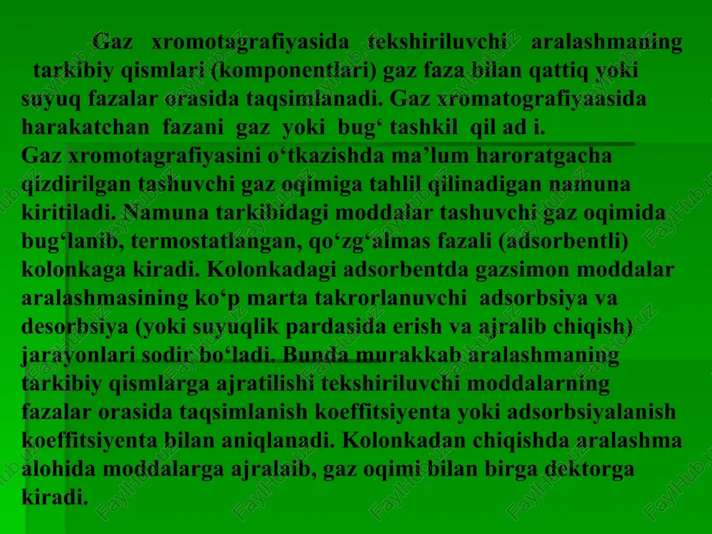 alar kinetikasini va boshqalarni aniqlashda keng qo‘llaniladi. gaz xromatografiyasidan ko‘p komponentli murakkab aralashmalarini tahlil qilishda, mikroqo’shimchalarini aniqlashda, uchuvchan bo‘lmagan birikma (polimerlar) tahlilida element tahlili va boshqalarda ham foydaniladi. kapillyar xromatografiyaa usulida juda nozik aralashmalarni ham tarkibiy qismlarga ajratish mumkin. masalan, kapillyar xromatografiyaa usuli vositasida 15-20 birikmadan tashkil toptan izomer uglevodorodlar aralashmasini bir necha minutda tarkibiy qimslarga ajratish va miqdoriy aniqlash mumkin. kapillyar xromatografiyaaning afzalliklaridan yana biri jarayonni amalga oshirish uchun gazdan juda oz hajmda zarur bo‘lishidir. neftning fraksiyasini 125 c xromatogammasi (-qo’zgalmas faza 50 °c). 1-izopentan; 2-n-pentan; 3-2,2-etilbutan; 4-siklopentan; 5-2,3-dimetshbutan; 6-2-metshpentan, 7-3-metshpentam, 8-n-geksan, 9-2,2-dimetilpentan, 10- metilsiklopentan, 11-2,4—dimetilpentan, 12-benzol, 13-3,3-dimetilpentan, 14-siklogeksan, 15-2-metilgeksan, 16-2,3-dimetilpentan, 17—1,1- dimelpentan, 18- 3-metilgeksan, 19-1,3-sis-dimetilsiklopentan, 20-1,3--trans-dimetilsiklopentan, 21- 1,2—trans-dietilsiklopentan +3-etshpentan, 22- n-geptan, 23-1,2-sis-dimetiisiklopentan+2,2-dimetilgeksan. 24-1,1,3-trimetilsiklopentan, 25- metilsiklogeksan, 26- 2,5-dimetilgeksan, 27-2,4-dimetilgeksan, 28-etilsiklopentan, 29-2,2,3-trimetilpentan, 30-1,2,4-trans-trietilsiklopentan, 31-3,3-dimetilgeksan, 32-toluol, 33-1,2,3-trans-trietilsiklopentan, 34-2,3,4-trimetilpentan, 35-2,3-dimetilgek-san +2,3-metiletilpentan+2,3,3-trimetilpentan, 36-1,1,3-trimetil-siklopentan, 3 7-2-metilpentan, 38-4-metilpentan,.39-3,4-dimetil-geksan.,40-3-metilgeptan, 41-3-etilgeksan+1,2,4 n(sis, trans-trieti1siklopel 7 il 42-1,2,3-trans, sis-trimetilsiklopentan, 43-1,3-sis-dimetilsiklo-geksan + 1,4-trans-dimetilsiklogeksan, 44-1,3-sis-metiletilsiklo-pentan, 45-1,3-trans-metiletilsiklopentan, 2-trans-metiletilsikpopentan, 46-1,1-metiletilsiklopentan,47- n