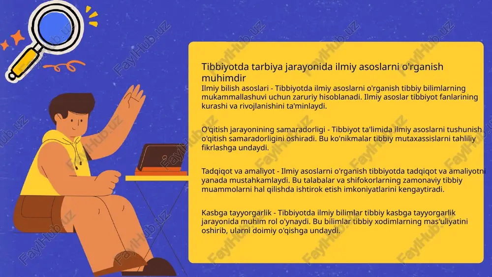 alanishga imkon beradi baholash mexanizmlari - reja doirasida natijalarni baholash va tahlil qilish mexanizmlari mustahkamlanadi 11 tibbiyotda tarbiya jarayonida ilmiy tadqiqotlarni rag'batlantirish zarur ilm-fan va ta'limning ahamiyati innovatsiyalarni qo'llab-quvvatlash kelajak kadrlarini tayyorlash 12 tibbiyotda tarbiya jarayonida o'zaro muloqot ko'nikmalarini rivojlantirish kerak muloqot ahamiyati - tibbiyotda samarali muloqot bemorlarga va ularning oilalariga yordam berishda muhim rol o'ynaydi. ta'lim jarayonida o'zaro muloqot - tibbiyot talabalari o'zaro muloqot ko'nikmalarini rivojlantirib, jamoa ishlash qobiliyatini oshiradilar. kasbiy etika - o'zaro muloqot kasbiy etika va bemorlarga nisbatan hurmatni shakllantiradi. tajribani oshirish - muloqot ko'nikmalarini rivojlantirish tajriba almashish va o'rganish jarayonini yaxshilaydi. 13 tibbiyotda tarbiya jarayonida kasalliklarni profilaktika qilishga e'tibor qaratish lozim kasalliklarni oldini olish - tibbiyotda kasalliklarni profilaktika qilish asosiy maqsadlardan biridir bu yondashuv kasalliklarning tarqalishini kamaytirishga yordam beradi ta'lim jarayonining ahamiyati - tibbiyot ta'limida kasalliklarni profilaktika qilish haqida bilim berish muhimdir bu shifokorlar avlodining sog'lomligini ta'minlaydi 14 thank you 15 master_slide-image-1.jpeg image-1-1.png image-1-2.png image-1-3.png image-1-4.png …