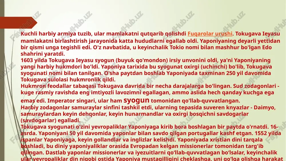 a xviii asrda. yaponiya qishloq xo'jaligi mamlakati edi. aholisi asosan dehqonlar (jami 80%) va samuraylardan iborat edi. keyin hunarmandlar va savdogarlar paydo bo'ldi. ulardan davlat va harbiy apparat, ziyolilar ham shakllandi hukmron sinf- samuray. dehqonlarning ahvoli og'irligicha qoldi, chunki u feodallardan yerni "muddati" ijara huquqi ostida olgan. bu yerda krepostnoylik boʻlmasa-da, dehqonlar oʻz yashash joyini, shuningdek, mashgʻulotini oʻzgartirish imkoniyatiga ega emas edilar. bu davrda dehqonlarning asosiy burchi natura shaklidagi kvitren edi. dehqonlar yo‘llar, ko‘priklar, kanallarni ta’mirlashga jalb qilingan. mamlakatda amaldagi qonunlar yapon dehqonlarining hayoti va xulq-atvorini tartibga solgan. yaponiyada shahar aholisi dehqonlarga qaraganda quyi tabaqa hisoblanardi, garchi ularning moddiy ahvoli ancha yaxshi edi. ustaxonalar va gildiyalar kabi uyushmalarda hunarmandlar va savdogarlar uyushmasi mavjud edi. boy savdogarlarga samuray darajasiga ko'tarilishlariga ruxsat berildi. biroq, 18-asr iqtisodiy inqirozga olib keldi. tovar-pul munosabatlarining rivojlanishi ham qishloq, ham shahar hayotiga, ham feodallar, ham dehqon xo'jaliklariga kirib bordi. shahar aholisining iqtisodiy roli ortdi. xvi asrda ieyasuning …