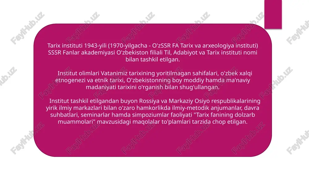 iriy- nashriyot bo'limi. samarqand.: 2021. 2. madraimov a., fuzailova u. tarixiy manbashunoslik. o'quv qo'llanma. - t.: fan, 2010. 3. ahmedov b. o'zbekiston tarixi manbalari (qadimgi zamon va o'rta asrlar). - t., 2001. so'nggi yillarda institutda etnologiya, qadimiy va o'rta asrlar tarixi, moddiy madaniyat tarixi, shuningdek, o'zbekistonning mustamlakachilik davri tarixi bo'yicha ko'plab ilmiy asarlar yaratildi. jadidchilik, o'zbekistonda sovet hokimiyatiga qarshi kurash tarixi va sho'ro hukumatining qatag'onchilik siyosati, o'zbekistonning ijtimoiy-iqtisodiy va siyosiy tarixi, o'zbek xalqining madaniyat sohasidagi yutuqlari yangicha ilmiy qarashlar asosida tadqiq etilmoqda. mustaqillikdan so'ng o'zbekistonning zamonaviy tarixini o'rganish bo'yicha birinchi amaliy ishlar bajarildi. umuman olganda, institutda 2011-2021-yillar ichida 80 dan ortiq monografiyalar nashr etildi. institut har yili quyidagi mutaxassisliklar bo'yicha doktorantura va tayanch doktoranturaga yosh mutaxassislarni qabul qiladi: image2.png image3.jpeg image4.jpeg image5.jpeg image6.jpeg image7.jpeg image8.jpeg image1.jpeg o'zbekiston fanlar akademiyasi of tarix instituti ozbekiston respublikasi fanlar akademiyasi 4 » mirzo ulug’bek nomidagi o’zbekiston — |: milliy universiteti huzuridagi tari 23 instituti …