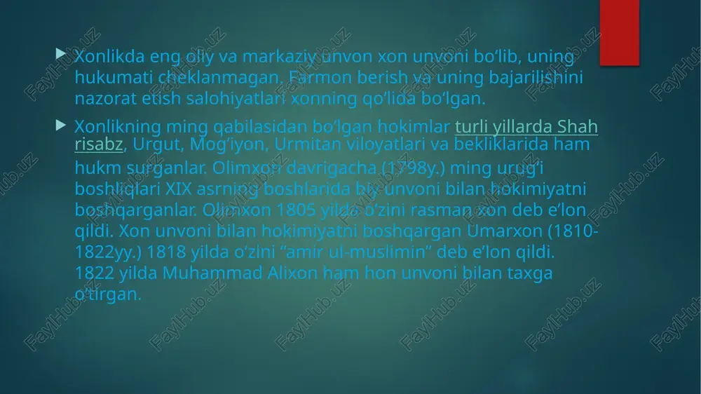 lumotlarga qaraganda, bu unvonlar sohiblari saroydan yiliga quyidagicha miqdorda maosh olganlar: yuzboshi yiliga 80 pud bugʻdoy, 240 pud joʻxori (otlari uchun), kimxob chopon, salla, toʻshak (yoki 3 tillo), etik, poʻstin, toʻn, chakmon, 2 qoʻy, cheprak, choy (ikki qadoq), oq choy va har oyi 1 tilloyu 4 tanga pul, ya’ni, bir yilda jami 36 tilloga teng maosh olardi. qushbegi 1500 tanga, qoʻrboshi 400 tanga, toʻqsabo 300 tanga, qorovulbegi 200 tanga, qoʻrchi 70 tanga va bahodurlar 20 botmon (1 botmon — 7,8 kg. — sh. v.) bugʻdoy bilan 50 tanga yillik maosh olardilar. harbiylarga xizmatlari evaziga xon tomonidan muayyan mulk (yer, ariq yoki anhor) berilardi. bunday mulk «tanho» boʻlib, mulkdor «tanhodor» boʻlib qolardi. tanhodorlik huquqi muayyan muddatga berilib, bir umrga ham berilishi mumkin edi. «tanho» toʻgʻridan-toʻgʻri meros qolmasdi. tanhodorning oʻgʻli — vorisi otasining vaeifasiga oʻtsagina bu mulk oʻgʻliga oʻtardi. ba’zan muayyan mulkning yer, ariq, anhor, qishloq xiroji yoki tanobona soligʻi harbiy kishiga …