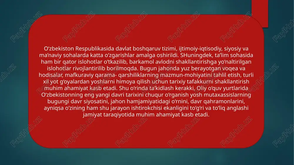 asosiy, amaliy va innovatsion tadqiqotlarga katta e’tibor qaratadi. bugungi kunda yuqori bilimni talab qiluvchi mahsulotlar va ilmiy-tekshirish muassasalari xizmatlarini keng targ‘ib qilish, muhim amaliy ilmiy natijalardan foydalanishning yangi yo‘llari aniqlanib, hayotga tatbiq qilinmoqda, o‘zbekiston respublikasi fanlar akademiyasi ilmiy bo‘limlari faoliyati takomillashtirilmoqda. foydalanilgan adabiyotlar. 1. ergashev b. manbashunoslik va tarixshunoslik. darslik. samdu tahririy- nashriyot bo'limi. - samarqand.: 2021. 2. madraimov a., fuzailova u. tarixiy manbashunoslik. o'quv qo'llanma. -t.: fan. 2010. 3, ahmedov b. o'zbekiston tarixi manbalari (qadimgi zamon va o'rta asrlar). - t. fan. 2011. image6.jpeg image7.jpeg image8.jpeg image9.jpeg image10.jpeg image11.jpeg image12.jpeg image2.png image3.png image4.png image5.png saanme cpemteasnarckoro rocynapcrsehhoro yihbepchtera (ume hanmonansiiit yxunepcrrer y36ekncraha) et e’tiboringiz uchun rahmat! /docprops/thumbnail.jpeg taqdimoti