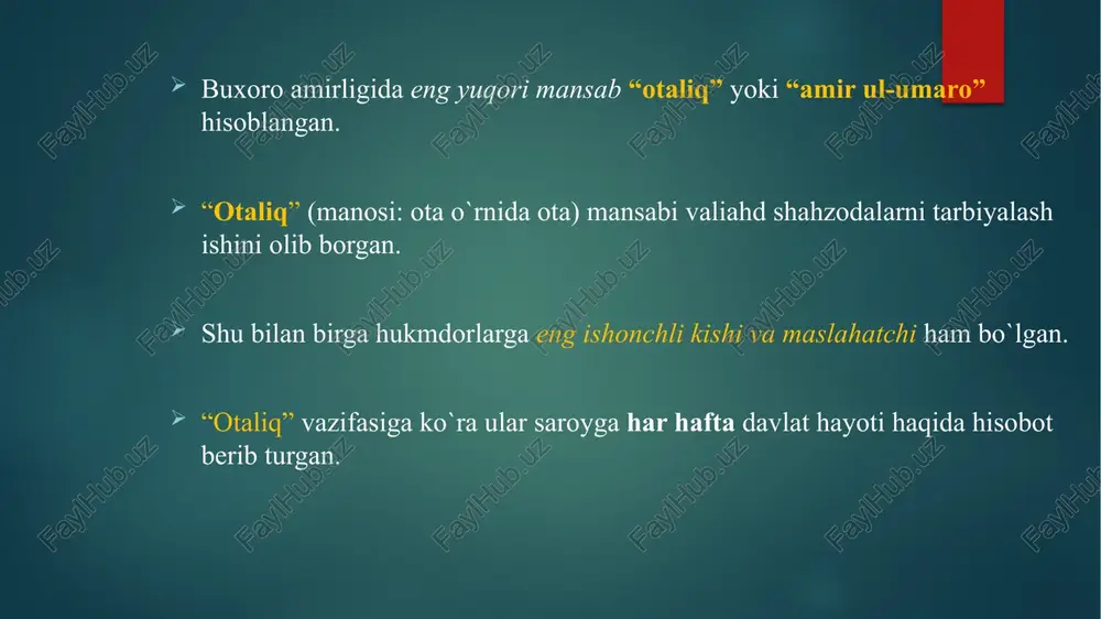 i, arizalari avval “inoqi xurd” (kichik inoq) qo`liga berilgan. u xatni ochib, amirning amri bilan ovoz chiqarib o`qib berish uchun “munshiy”ga bergan. “mehtari kalon” vazifasi shundan iborat ediki, musulmonlar ushrlaridan to`rtdan birini ( ¼ ) musulmon bo`lmaganlardan ushrlarning yarmini, harbiylar ushrlarini naqdini, g`alla va boshqa topilgan narsalar bilan hisob-kitob qilgan. “devoni sarkor” amali shundan iborat ediki, davlat mulklari, tegirmonlari, do`konlari hisob-kitob ishlarini bajarib, amir haramiga tegishli xarajatlarini bergan. qabul marosimlari, oziq-ovqatlar, sarpolar xarajatini ham u bergan. “dasturxonchi” – shoh dasturxoniga javobgar bo`lib, go`shtni maydalab berib, mahramlarga boshchilik qilgan. “eshik og`osi”, “chig`atoy begi”, ”to`qsoba” va “miroxuri kalon” (katta miroxur) saroyga otga minib kelishlari mumkin bo`lsa ham, lekin amir huzurida maxsus o`rinlari yo`q edi. “eshik og`osi” – amir saroyining posbonligi va muhofazasi, hamda shofirkon tumanining hukumati va mirobligi uning zimmasida edi. chig`atoy begi – chig`atoy jamoasining boshlig`i va mirobod tumanining mirobligi ham uning qo`lida edi. “to`qsoba” – amir dasturxoni ustiga idish-tovoqlarni tartib …