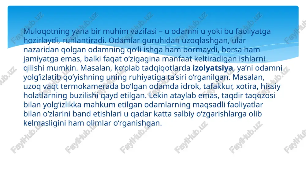 tuzilishini taklif etadi: 1. muloqotning kommunikativ tomoni (ya’ni muloqotga kirishuvchilar o`rtasidagi ma’lumotlar almashinuvi jarayoni). 2. muloqotning interaktiv tomoni (ya’ni muloqotga kirishuvchi tomonlarning xulq-atvorlariga ta’sir jarayoni). 3. muloqotning perseptiv tomoni (ya’ni muloqotga kirishuvchi tomonlarning bir-birlarini idrok etishlari va tushunishlari bilan bog`lik bo`lgan murakkab psixologik jarayon). bu strukturaning har bir tomonini batafsil ko`rib chiqamiz. ko`pgina olimlar muloqotning inson hayotidagi ahamiyatiga to`xtalib o`tar ekanlar, uning qator vazifalari, funksiyalarini ajratadilar. masalan, taniqli rus olimi b.f.lomov uning funksiyalariga quyidagilarni kiritadi: a) ma’lumotlar almashinuvi funksiyasi; b) xulq-atvorni boshqaruv funksiyasi; v) hissiyotlar almashinuvi. bu funksiyalar aslida g.m.andreeva ajratgan muloqot qismlariga ham mos keladi, ya’ni har bir muloqot jarayonida b.f.lomov qayd etgan vazifalarni topish mumkin. foydalanilgan adabiyotlar ro’yxati. 1.b.m.umarov. psixolo’giya. toshkent 2012. 2.e.g’.g’oziyev. psixolo’giya toshkent 2008. 3.n.a.baxriyeva. shaxs psixolo’giyasi. buxoro. 2021. 4.z. yamanova. shaxs psixolo’giyasi. navoi 2020. 5. arxiv.uz etiboringgiz uchun raxmat. image2.jpeg image3.jpeg shaxsga yo‘naltirilgan ta’lim mohiyati va tamoyillari. myammojim ykuthuihm tadikyii ithina ykutybim = + mottonor; …