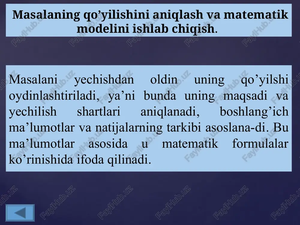tematik jadvallar, loteriya yutuqlari jadvali, funksiyalar qiymatlari jadvallari bunga misol bo’ladi. 4. algoritmning dastur shaklida ifodalanishi, ya’ni algoritm kompyuter ijrochisiga tushunarli bo’lgan dastur shaklida beriladi 5. algoritmlarning grafik shaklda tasvirlanishi. masalan, grafiklar, sxemalar ya’ni blok - sxema bunga misol bo’la oladi. algoritmlarning tasvirlanish usullari ma’lumotlarni qog’ozga chiqarish chiqarish bloki boshlash, tamom, to’xtash algoritmning boshi va oxiri (oval) ma’lumotlarni kiritish va natijalarni chiqarish ma’lumotlarni kiritish va chiqarish parallelogramm) yo’nalish chizig’ini o’zgartirish birlashtirish (aylana) qism dastur bo’yicha hisoblash, standart qism dasturi qism dastur siklning boshlanishi siklik jarayon (oltiburchak) shartlarni tekshirish shartli blok (romb) hisoblash amallari ketma-ketligi hisoblashlar bloki (to’g’ri-to’rtburchak) tushunilishi belgilanishi blokning atalishi algoritmning turlari chiziqli algoritm takrorlanuvchi algoritm tarmoqlanuvchi algoritm chiziqli algoritm. algoritmning turlari bilan tanishtirganda, avvalo hech qanday shart tekshirilmaydigan va tartib bilan faqat ketma-ket bajariladigan jarayonlarni ifodalaydigan chiziqli algoritmlar aytib o’tiladi. chiziqli algoritmlar. chiziqli algoritmlar algoritm-larning eng sodda va oddiy ko’rinishi hisoblanadi. unda bajariladigan amallar ham buyruqlar ham buy-ruqlar …