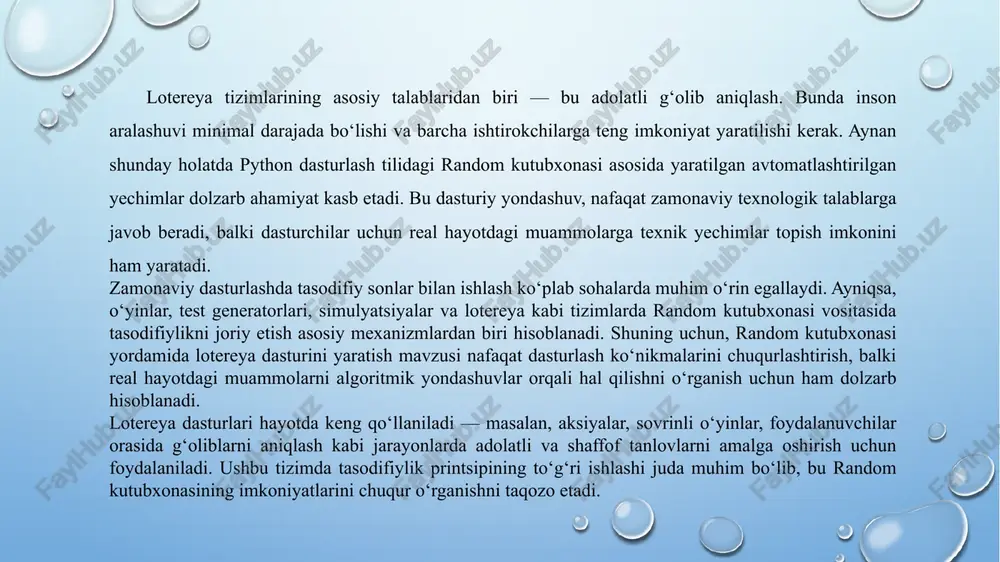 . nofunksional talablar: quvvatli ishlash (performance). xavfsizlik (foydalanuvchi ma’lumotlarini himoyalash). qulay interfeys (agar grafik interfeys bo’lsa). texnologiyalar tanlovi dasturlash tili: python, java, c#, yoki javascript (node.js) – talab va tanlovga qarab. ma’lumotlar bazasi (ixtiyoriy): sqlite, mysql, yoki faylga yozish. gui uchun (ixtiyoriy): tkinter (python), javafx, yoki web dastur bo’lsa html/css + js. dastur algoritmi (asosiy mantiq) 1. foydalanuvchi chipta sotib oladi (raqamlar tanlaydi yoki avtomatik). 2. tizim tasodifiy raqamlar to’plamini generatsiya qiladi. 3. foydalanuvchi raqamlari tizim raqamlari bilan solishtiriladi. 4. mos kelish darajasiga qarab yutuq belgilanadi. import random def lotereya_raqamlari(): return sorted(random.sample(range(1, 50), 6)) def foydalanuvchi_raqamlari_olish(): raqamlar = [] while len(raqamlar) < 6: try: raqam = int(input(f"{len(raqamlar)+1}-raqamni kiriting (1-49): ")) if raqam in raqamlar or not (1 <= raqam <= 49): print("xato. qayta urinib ko‘ring.") else: raqamlar.append(raqam) except valueerror: print("xato: iltimos, butun son kiriting.") return sorted(raqamlar) def solishtir(foydalanuvchi, tizim): umumiy = set(foydalanuvchi) & set(tizim) return len(umumiy), umumiy if __name__ == …