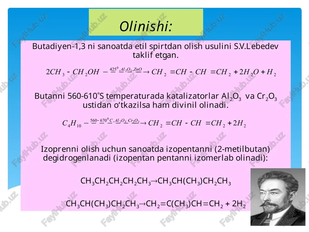 qolgan. tabiiy kauchukning kimyoviy tuzilishini asosan garries o`rgangan bo`lib, izopren molekulalaridan tashkil topganligi aniqlangan. buning uchun kauchuk ozonlash reaksiyasiga uchratilgan, so`ngra hosil bo`lgan modda parchalanganda izopren oksidlanishi natijasida hosil bo`ladigan levulin aldegid olingan sintetik kauchuklar. sintetik kauchuklarning kimyoviy tarkibi, tuzilishi, fizik-kimyoviy xossalari tabiiy kauchuknikidan tubdan farqlanishi mumkin. shuning uchun ham ba`zi sintetik kauchuklarning xossalari tabiiy kauchuknikidan afzaldir. masalan, kauchuk sintez qilinganda uni sovuqqa chidamli, gaz o`tkazmaydigan, benzin hamda yog` ta`siriga chidamli qilish mumkin. quyida ba`zi sintetik kauchuklar bilan qisqacha tanishib o`tiladi. natriybutadien kauchuk. birinchi marta akademik s.v. lebedev 1,3-butadienni polimerlanish reaksiyasiga uchratib sintetik kauchuk hosil qildi va u butadien sintetik kauchugi deb ataladi. keyingi yillarda butadiendan stereogulyar tuzilishga ega bo`lgan va sovuqqa chidamli, cho`ziluvchan, mustahkam, kam emiriluvchan xossalarga ega kauchuklar olindi. bunday kauchuk avtomashina pokrishkalari olishda ishlatiladi. undan tashqari kauchuk tarkibiga karboksil gruppalar kiritilib, uning metallga yopishqoqlik xususiyatlari birmuncha oshirildi. butadien-stirol kauchugi bunday kauchuklar butadien bilan stirolning sopolimerlanish hosil bo`ladi: …