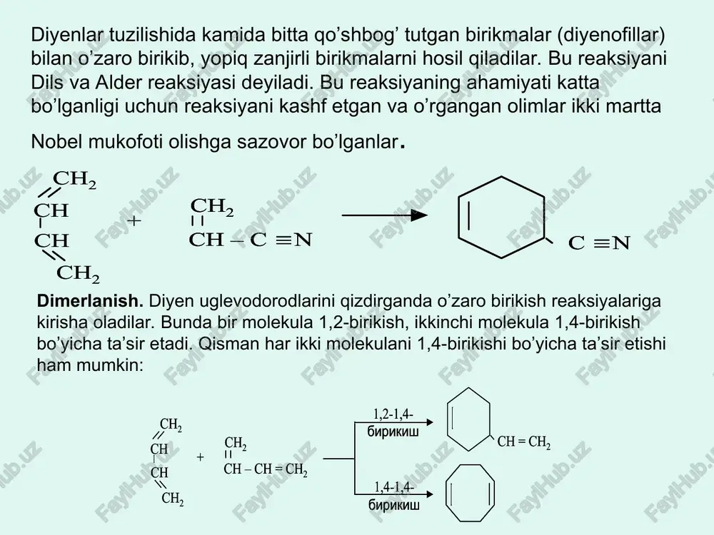 lashma yonganda 67,2 litr (n.sh.da) karbonat angidrid va 45 g suv hosil bo’lsa, dastlabki aralashmadagi butin-1 ning massa ulushini aniqlang? c2h4 + 3o2 = 2co2 + 2h2o; c4h6 +5,5o2 = 4co2 + 3h2o; c5h8 + 7o2 = 5co2 + 4h2o 1) c2h4 = x; c4h6 = y; c5h8 = z 2co2 = 2x; 4co2 = 4y; 5co2 = 5z 2h2o = 2x; 3h2o = 3y; 4h2o = 4z 2) x + y + z = 0,9 mol (aralashma) 2x + 4y + 5z = 67,2/22,4 = 3 mol so2 2x + 3y + 4z = 45/18 = 2,5 mol h2o 3) co2 2x + 4y + 5z = 3 mol h2o 2x + 3y + 4z = 2,5 mol y + z = 0,5 mol; y = 0,5 – z 4) x + y + z = 0,9 mol x + 0,5 (y + z) = 0,9 x = 0,9 …