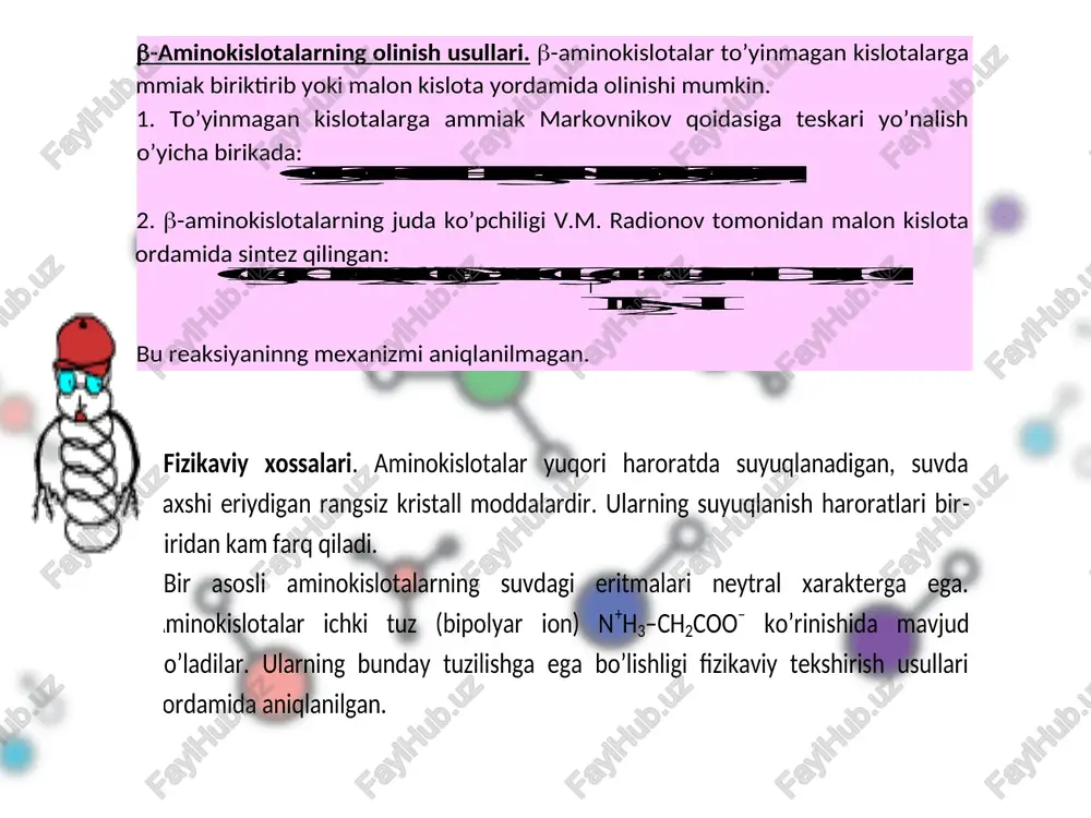 da -aminokapron kislota, nitrolab, so’ng qaytarib va gidrolizlanganda lizinni hosil qiladi: kaprolaktam polimerlanganda yoki aminokapron kislota polikondensatlanish reaksiyasiga uchratilganda kapron hosil bo’ladi. ch 2 = ch –cooh + 2nh 3 nh 2 –ch 2 –ch 2 –coonh 4 ch 2 = ch –cooh + 2nh 3 nh 2 –ch 2 –ch 2 –coonh 4 ch 3 cho + ch 2 (cooh) 2 ch 3 –ch –ch 2 –cooh + h 2 o + co 2 nh 2 ch 3 cho + ch 2 (cooh) 2 ch 3 –ch –ch 2 –cooh + h 2 o + co 2 nh 2 o + h 2 n –oh n –oh h 2 so 4 ch 2 c n oh c nh o tsiklogeksanon tsiklogeksanonoksim bekman kayta guruxlanish o + h 2 n –oh n –oh h 2 so 4 ch 2 c n oh c nh o c nh o tsiklogeksanon tsiklogeksanonoksim …