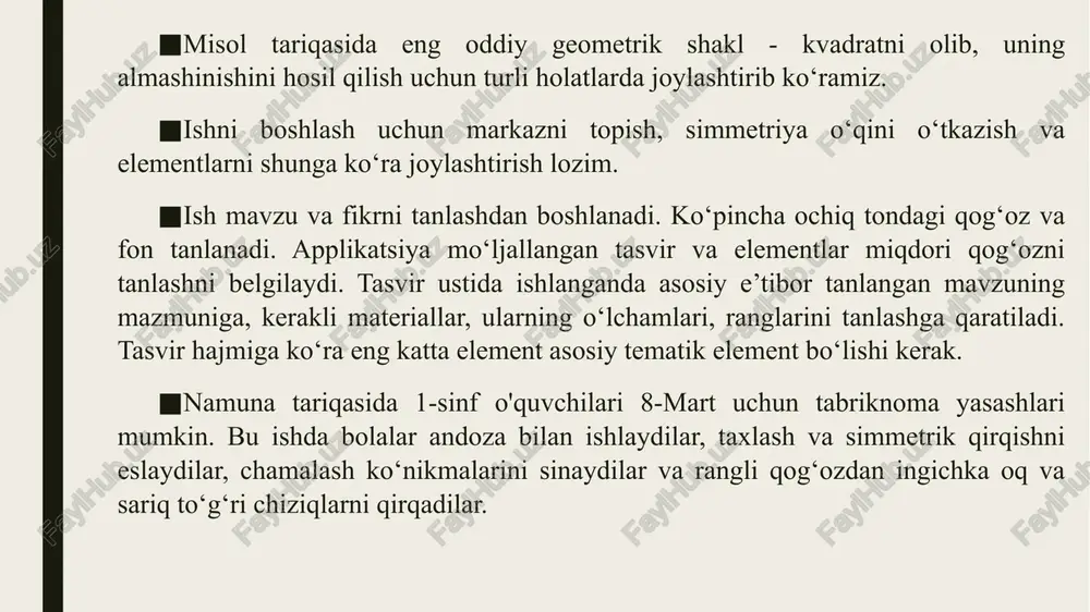noq, mayda toshlar bilan xilma-xil mozaika ishlarini bajarish mumkin. savollar: 1. applikatsiya va mozaika ishida asosiy ish quroli nima? 2. qanday applikatsiya turlari o‘rgatiladi? 3. applikatsiya va mozaika ishlari bilan ishlashning ahamiyati nimada? image1.png image2.png image3.png image4.jpg image5.jpg image6.jpg image7.jpg image8.jpg image9.jpg image10.jpeg image11.jpeg image12.jpeg image13.jpeg image14.jpeg image15.jpeg image16.jpeg image17.jpeg image18.jpeg image19.jpeg image20.jpeg image21.jpeg image22.jpeg image23.jpeg image24.jpeg image25.jpeg image26.jpeg image27.jpeg (3) q2ys surest onze biasiz? u2) baliqtutish qaysi kasb egasining ishi? q mustagil bajarib ko*ring 4 ™ i ranglami to'g'i tantang va ketma-ketlikda bajaring, cchorak davomida organilgan mashina turlaridan chorraha kompozitsiyasini yasang /docprops/thumbnail.jpeg