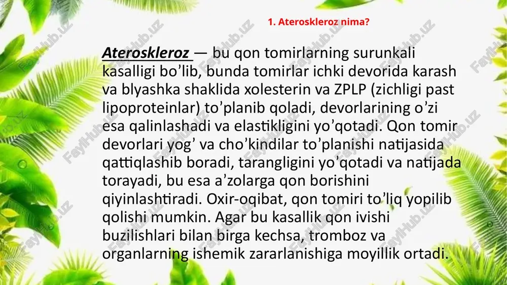 tlashning mohiyati shikastlangan tomir sog’lom tomirga ulanadi, buning natijasida yangi qon oqimi hosil bo’ladi va to’qimalarning qon ta’minoti asta-sekin tiklanadi; qon tomir protezlari. zamonaviy materiallar shikastlangan tomirni to’liq almashtirib, qon ta’minoti vazifasini tiklash imkonini beradi. angioplastika. usulning mohiyati shundaki, son arteriyasiga maxsus kateter kiritiliadi va kamera nazorati yordamida, endoskopist tomonidan qon tomiri bo’ylab shikastlangan hudugacha olib boriladi. shundan so’ng tomir devorini tozalash yoki kengaytirish uchun kerakli manipulyatsiyalar qilinadi. 10. aterosklerozning oldini olish organizmni qo’llab quvvatlash va aterosklerozni oldini olish uchun tarkibida tuz va xolesterin bo’lgan ovqatlarni kamroq yeyish kerak. ko’proq yormalar, sabzavotlar, qaynatilgan baliq, qatiq, kungaboqar moyi va, albatta, har qanday mevalarni iste’mol qiling. aterosklerozda tana vaznini tartibga solish zarur chora hisoblanadi, chunki semizlik qon tomir asoratlarni keltirib chiqaradi va lipid almashinuvining buzilishi bilan tavsiflanadi. vaznni kamaytirish uchun optimal yog’ miqdori bo’lgan past kaloriyali parhezlar va jismoniy faoliyat sog’lik va yoshning umumiy holatini hisobga olgan holda oshirilishi kerak. uni eng …