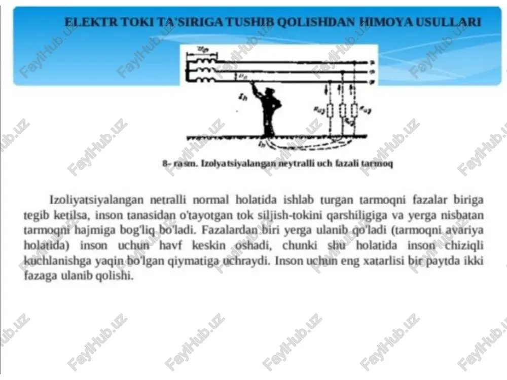 son tanasi a°zolari va to’gimalarining gatlamiarga ajralib kelishi va to'gimataming yorlishi : tat myshared elektr toki ta’sirida inson terisiga metallning ta‘siri te myshared 1000 v gach bo‘lgan kuchlanish ta‘sitida jarohatlanish imkoniyat doirasida tez amalga oshirish zarur: tok manbai ajratkich(rubilnik)larini_ uzing; . = tokka ulangan shtepselni uzing; = xavfsizlik tiqinlarini chiqazib tashlang; = xavfsizlik tiginlarini _uzing .... agarda elektr uskunani tezda kuchlanish ta’siridan chigazishning (o°chirishning) imkoniyati bo'imasa u holda qutgaruvchi quyidagi ishlarni amalga oshirishi shart: qurug taxta, g’ola yoki tok dielektrik qo'igoplarni kiyishi qutgaruvchi jabrlanuvehi o'tkazmaydigan kiyimni ustiga _yoki qo'llarni quruq sharf, tanasiga yoki metal chigib olishi va rezina kalish lattlar bilan o° rab olish; predmetiarga tegishi mumkin kiyib olish; emas, jabrianuvchini fagat kiyimidan ushlashi mumkin. =a ==> = => = sss > == ss =a = elektr toki urishi — _elektr jarohat, elektr tokining teflektor ta’sirida vujudga keladi. (nerv tizimini falajlaydi). elektr toki inson tanasidan o'tish asnosida asab tizimi nerv …