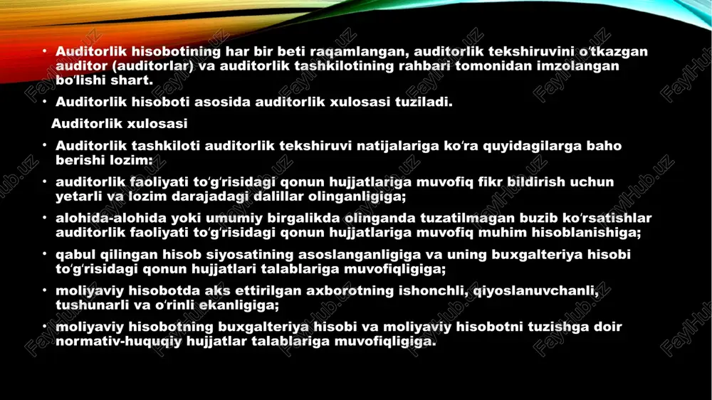 atilalarini ~ “umumlashtirish va x baholash. j auditorlik hisoboti va uni > 2x) tuzish tartibi. ( auditorlik xulosasi va uni» tuzish tartibi.