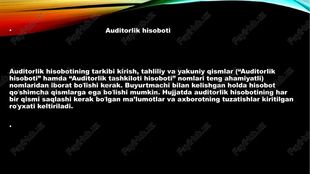 elgilangan hisobot. 2. mazkur standart talablari auditorlik tekshiruvini o‘tkazishda va auditorlik tekshiruvining buyurtmachisiga auditorlik hisoboti va auditorlik xulosasini taqdim etishda barcha auditorlik tashkilotlari va auditorlar uchun majburiy hisoblanadi. 3. auditorlik tashkilotlari auditorlik tekshiruvini o‘tkazishda auditorlik xizmatlari ko‘rsatish to‘g‘risidagi shartnomaga muvofiq auditning xalqaro standartlarini qo‘llashi mumkin. 2-bob. auditorlik hisoboti 1-§. auditorlik hisobotining tarkibi 4. auditorlik hisobotining tarkibi quyidagi qismlardan iborat: nomi (“auditorlik hisoboti” yoki “auditorlik tashkilotining hisoboti”: ikkala nom ham teng ahamiyatli); kirish qismi; tahliliy qism; yakuniy qism. 5. auditorlik tekshiruvining buyurtmachisi bilan kelishgan holda, auditorlik hisoboti qo‘shimcha qismlardan ham iborat bo‘lishi mumkin. 6. auditorlik hisobotining har bir beti raqamlangan, auditorlik tekshiruvini o‘tkazgan auditor (auditorlar) va auditorlik tashkilotining rahbari tomonidan imzolangan bo‘lishi shart. 7. auditorlik hisoboti buyurtmachining rekvizitlarini ko‘rsatgan holda auditorlik tekshiruvining buyurtmachisiga taqdim etiladi. auditorlik hisobotining yakuniy qismi 18. auditorlik hisobotining yakuniy qismi quyidagilarni o‘z ichiga olishi kerak: buxgalteriya hisobi to‘g‘risidagi qonun hujjatlarini buzish va aniqlangan kamchiliklarni bartaraf etish bo‘yicha …