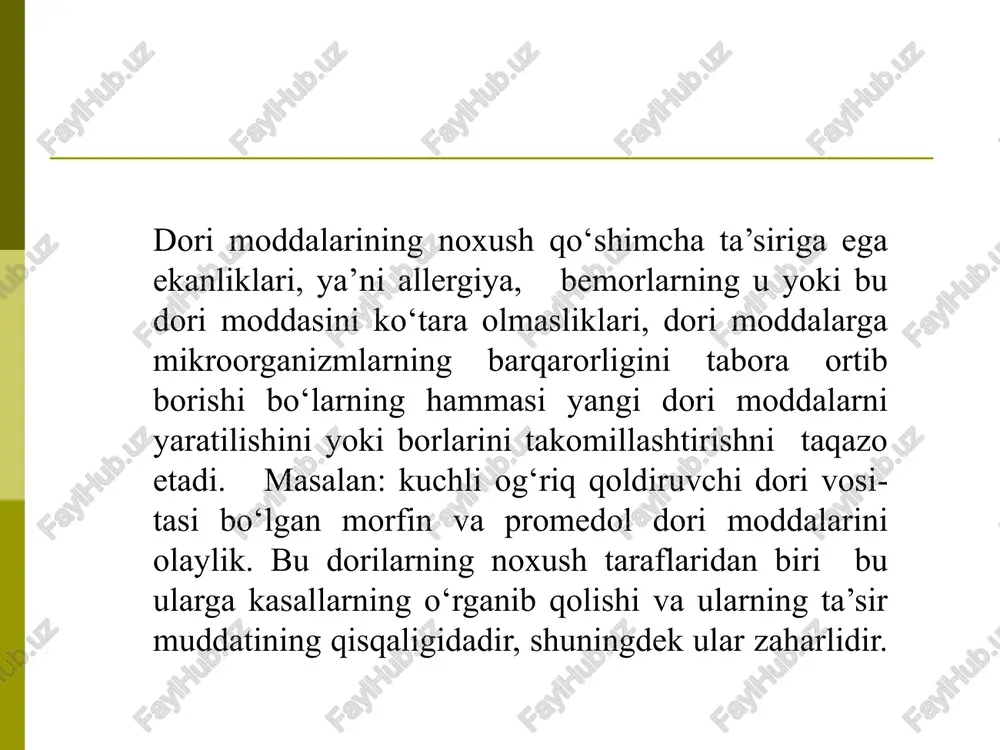 alarga mikroorganizmlarning barqarorligini tabora ortib borishi bo‘larning hammasi yangi dori moddalarni yaratilishini yoki borlarini takomillashtirishni taqazo etadi. masalan: kuchli og‘riq qoldiruvchi dori vositasi bo‘lgan morfin va promedol dori moddalarini olaylik. bu dorilarning noxush taraflaridan biri bu ularga kasallarning o‘rganib qolishi va ularning ta’sir muddatining qisqaligidadir, shuningdek ular zaharlidir. y a n g i d o r i vositalarining y a r a t i l i s h b o s q i c h l a r i tasodifiy kuzatishlar natijasida hozirgi zamon dori moddalaridan antibiotiklar, psixotrop dori vositalari topilgan. ba’zida dori moddalarning qimmatbaho xususiyatlari ularni klinik sinovlarini o‘tkazilayotganda aniqlanib qoladi. masalan, amidopirin klinik sinovlardan o‘tayotganda un ga solyubilizator sifatida taklif qilingan butadionning samarali h arorat pasaytirish xususiyati borligi aniqlangan. hozirgi vaqtda yangi dori modd a l arini yaratish borasidagi izlanishlar quyidagi asosiy yo‘nalishlarda olib boriladi: g e n m u h a n d i s l i …