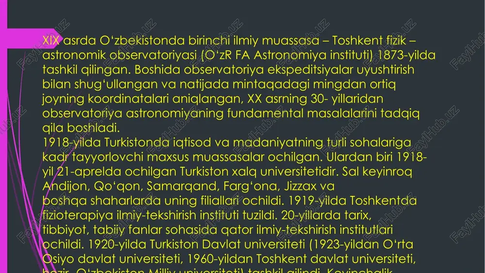 uassasalari olib borayotgan asosiy, amaliy va innovatsion tadqiqotlarga katta e’tibor qaratadi. bugungi kunda yuqori bilimni talab qiluvchi mahsulotlar va ilmiy-tekshirish muassasalari xizmatlarini keng targ‘ib qilish, muhim amaliy ilmiy natijalardan foydalanishning yangi yo‘llari aniqlanib, hayotga tatbiq qilinmoqda, o‘zbekiston respublikasi fanlar akademiyasi ilmiy bo‘limlari faoliyati takomillashtirilmoqda. foydalanilgan adabiyotlar. 1. ergashev b. manbashunoslik va tarixshunoslik. darslik. samdu tahririy- nashriyot bo'limi. - samarqand.: 2021. 2. madraimov a., fuzailova u. tarixiy manbashunoslik. o'quv qo'llanma. -t.: fan. 2010. 3, ahmedov b. o'zbekiston tarixi manbalari (qadimgi zamon va o'rta asrlar). - t. fan. 2011. image1.jpeg image2.jpeg image3.jpeg image4.jpeg image5.jpeg image6.jpeg /docprops/thumbnail.jpeg taqdimoti an o-qeuvehisl-turorona. ale