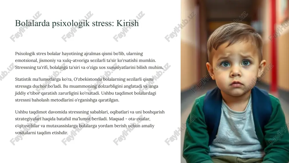rish mumkin. oila bolaning stressga qarshi kurashishida muhim rol o'ynaydi. 10 bolalardagi stressni oldini olish hamda bartaraf etishni strategiyalar asosida ko’rib chiqamiz stressni boshqarish strategiyalari: mtt psixologik yordam xizmati dmttda bolalar uchun psixologik yordam xizmatini tashkil etish stressni kamaytirishning muhim usuli hisoblanadi. psixologlar bolalarga individual maslahatlar berishi mumkin. bolalarning bilimi peadgoglarning stressni aniqlash va unga qarshi kurashish bo'yicha bilimini oshirish muhim. pedagoglar bolalarning stress holatini aniqlash va ularga yordam berishga tayyor bo'lishi kerak. ijobiy muhit guruhda ijobiy muhit yaratish va bolalarning o'zaro munosabatlarini yaxshilash stressni kamaytirishga yordam beradi. guruhda do'stona va qo'llab-quvvatlovchi muhit yaratish muhim. dmttda stressni kamaytirishga qaratilgan tadbirlar o'tkazish (masalan, sport musobaqalari, san'at to'garaklari) bolalarning ruhiyatiga ijobiy ta'sir qiladi. 12 stressni boshqarish strategiyalari: individual yondashuv individual maslahatlar mashqlar qiziqishlar o'ziga ishonch bolalar uchun individual psixologik maslahatlar berish stressni kamaytirishning samarali usuli hisoblanadi. stressni kamaytirishga yordam beradigan mashqlar (nafas olish, meditatsiya) bolaning ruhiyatiga ijobiy ta'sir qiladi. bolaning qiziqishlariga mos …