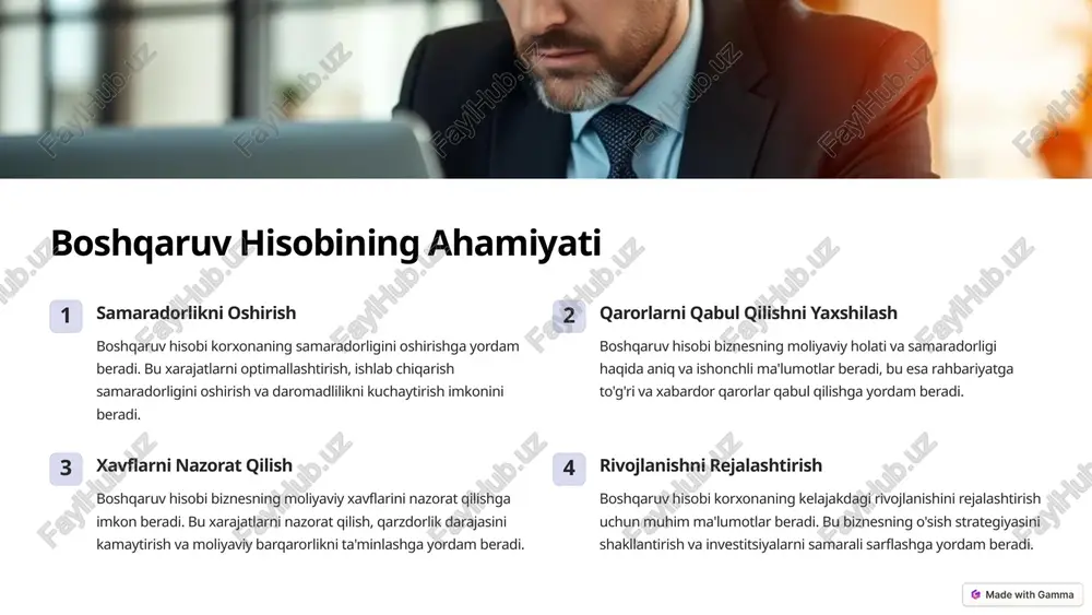 yig'ish, tahlil qilish va hisobotlar tuzish jarayonini avtomatlashtirishga imkon beradi. doimiy baholash boshqaruv hisobi tizimini doimiy ravishda baholash va uni biznesning o'zgaruvchan ehtiyojlariga moslashtirish muhimdir. bu biznesning samaradorligini oshirishga va qarorlarni qabul qilishni yaxshilashga yordam beradi. 8 image-1002-1.png image-1-1.jpeg image-1003-1.png image-1004-1.png image-1005-1.png image-4-1.jpeg image-1006-1.png image-5-1.jpeg image-1007-1.png image-6-1.jpeg image-1008-1.png image-7-1.jpeg image-7-2.png image-7-3.png image-7-4.png image-7-5.png image-1009-1.png image-8-1.jpeg image-8-2.png image-8-3.png image-8-4.png @ made with gamma businness buss,aboadst oi - erd ran ullnatil @ made with gamma @ made with gamma @ made with gamma @ made with gamma poo-egncdcc/bluccolottpotdena teverue pit 0 s55!poffe matorer acouit cot cost a aun od ce plete ler pagar ams ory ate ar te. $4649 $6975 337075 327893 @ made with gamma : a weschy noture pinecen+ ™ oman = present valle! (fede eo re 3.287 as soran i compound = = > >(-3')-1) zw s 5 disenrater ==> > (2-5) coer cash plow) s © callerey ==> …