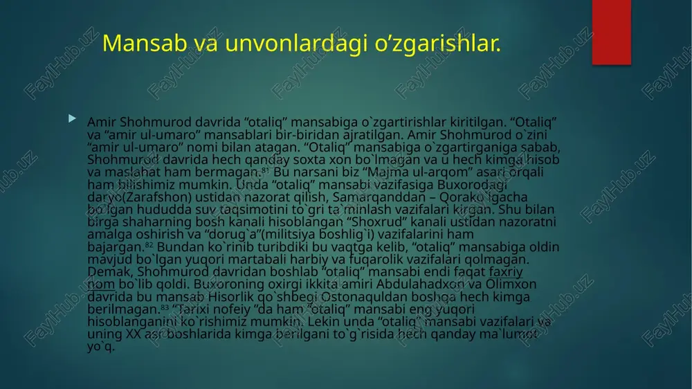 nni yana “qozi sha`ri sharif” deb ham ataganlar. bu ikki mansab egalari jazo berish, molini musodara qilish, shariat bo`yich sud qilish, hibsga tashlashga huquqlariga bo`lgan.88 shu martabalarning keyingi ikkinchi pog`onasida muftilar. uning yuqori darajasi a`lam mansabi bo`lib, sohibi yurish va lashkar tortishlar vaqtida fatvo bergan. muhtasib uchunchi darajada turgan. sayidlar avlodidan bo`lishi lozim bo`lgan. viloyatlarda esa sayid bo`lmagan olimni ham muhtasiblikka tayinlangan. to`rtinchi mudarris. bir umrga berilib, ta`lim bilan mashg`ul bo`lmasa ham xazidan maosh olgan. yuqoridagilardan keyingi martabada jo`ybor xo`jalari, naqib, o`roqi kalon(katta o`roq), naqshbandiya tariqatining xalifasi turardilar. jo`ybor xo`jasi sayidlarga berilib, jo`ybor hukumati (xo`jalar mozori bilan) uning qo`lida bo`lgan.89 uchinchi darajali unvonlar olimlar, sayidlar, o`zbek va mahalliy zodagonlarga loyiq deb topilgan amaldorlarga berilgan. birinchisi “mir asad”. ulamolardan yoki sayidlardan bo`lgan. buxoro rabotining ichki muhtasibligi bir farsah90gacha uning zimmasida bo`lgan. ikkinchi “fayzi” mansabi, olim yoki sayid bo`lgan kishiga berilgan. buxoro rabotining tashqi muhtasibligi bir farsah masofada uning zimmasida bo`lgan. uchinchi …