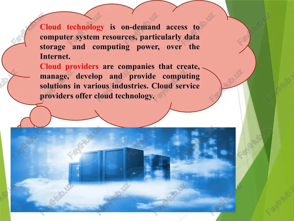 d services, teachers have the opportunity to use one of the modern and popular technologies in the process of teaching computer science in a practical and theoretical way. www.kiut.uz the role of cloud technologies in education? 7 1. dropbox. sayt: dropbox.com 2. google disk. sayt: drive.google.com 3. «yandeks.disk». sayt: disk.yandex.ru 4. one drive sayt: onedrive.live.com 5. mega. sayt: sayt mega.co.nz 6. oblako mail. sayt: cloud.mail.ru 7. copy. sayt: copy.com 8. bitcasa. sayt: bitcasa.com 9. baidupan (drive). sayt: baidu.com 10. cloud me. sayt: cloudme.com 11. pcloud. sayt: www.pcloud.com. 12. syncplicity. sayt: syncplicity.com 13. mediafire. sayt: mediafire.com 14. jumpshare. sayt: jumpshare.com 15. dolly drive. sayt: dollydrive.com 16. ozibox. sayt: ozibox.com 17. mimedia. sayt: mimedia 18. slashdrive sayt: slashdrive.net va boshqalar. a range of cloud file storage differs mainly in the size of free space from 2 to 100 gb, which can be increased by purchasing tariff plans. most of them support the …