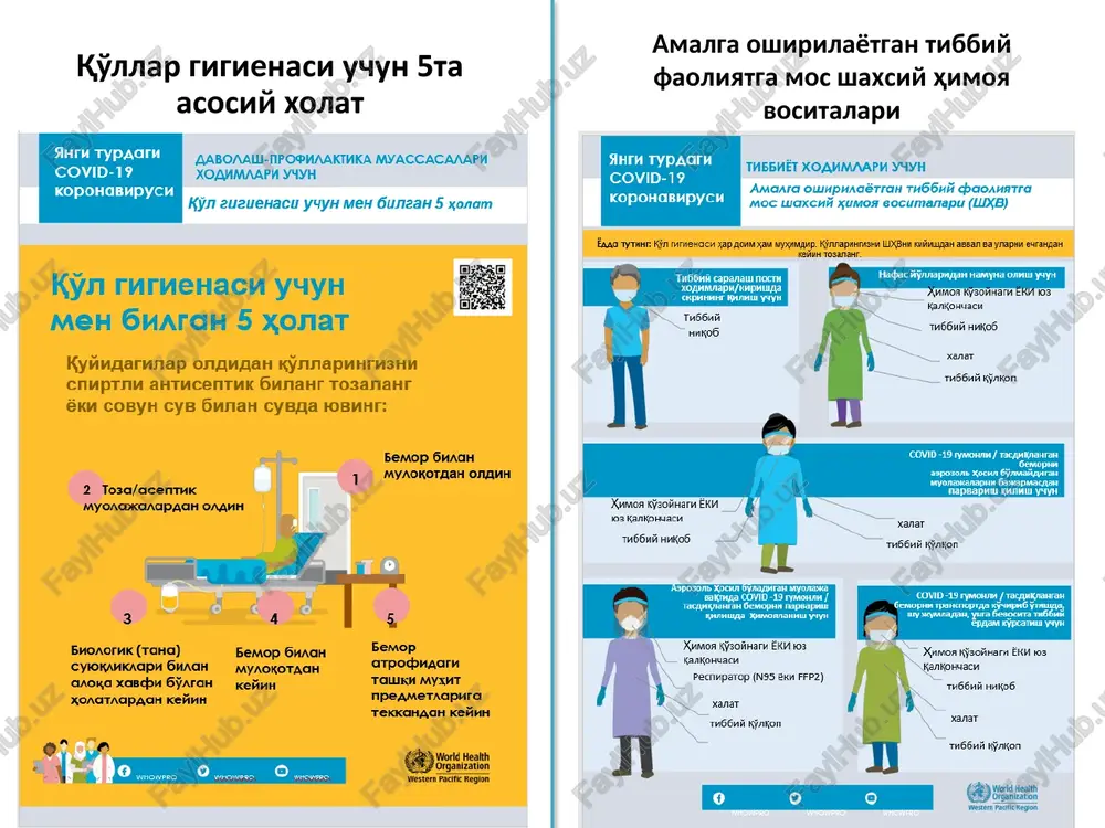 zararli mahsulotlarni iste'mol qilmang agar sizni biror narsa bezovta qilsa, bu haqda bevosita boshlig'ingiz bilan gaplashing, va agar o'zingizni yomon his qilsangiz, darhol bu haqda shifokoringizga xabar bering e'tiboringiz uchun raxmat! ushbu prezentatsiyani tayyorlashdi: sadirova m.a., tvmoi uash malakasini oshirish kafedrasi katta o'qituvchisi tsoy e.s., jsstning o'zbekistondagi vakolatxonasi xodimi aniyozova d.j., jsst konsultanti prezentatsiyada quyidagi manbalardan foydalanildi: covid-19 bo'yicha milliy qo'llanma, ssv va jsst komplekt materialov po informirovaniyu o riskax covid-19 dlya lechebno-profilakticheskix uchrejdeniy, voz. obnovleno 10 marta 2020 g. prakticheskie aspekti organizatsii vedeniya sluchaev covid-19 v lechebnix uchrejdeniyax i na domu. vremennie rekomendatsii voz ot 19 marta 2020 g. profilaktika infektsiy i infektsionniy kontrol pri okazanii meditsinskoy pomoshi patsientam s podozreniem na novuyu koronavirusnuyu infektsiyu (ncov), vremennie rekomendatsii voz ot 25 yanvarya 2020 g. image1.png image2.jpeg image3.png image4.png image5.png image6.png image7.png image8.jpeg image9.jpeg image10.jpeg image11.jpeg image12.jpeg image13.jpeg image14.jpeg image15.jpeg image16.jpeg image17.jpeg image18.png image19.jpeg image20.jpeg image21.jpeg image22.jpeg image23.jpeg image24.jpeg image25.jpeg …