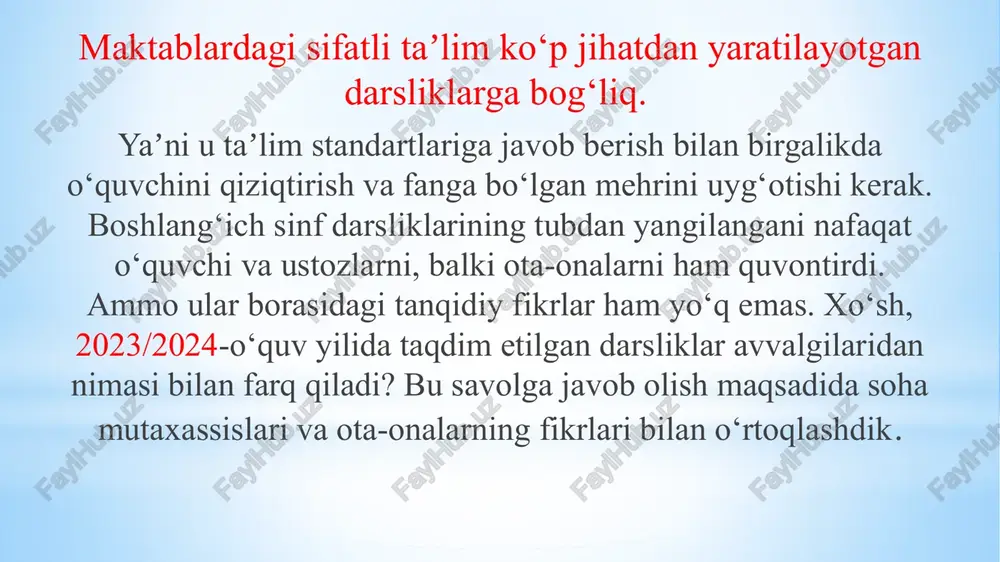 bo‘ladi. oson ko‘rinishidagi masalalar ko‘p bo‘lgani uchun o‘zlashtirishi yaxshi bo‘lgan iqtidorli o‘quvchilar uchun qo‘shimcha adabiyotlardan foydalanishimizga to‘g‘ri kelardi. yangi chop etilgan matematika darsligida esa o‘qituvchi o‘quvchisining bilim darajasiga qarab, misollarni taqsimlab berishi mumkin. har bir o‘quvchi barcha masalalarni yechimini topishi shart emas. ularni darsdan tashqari, mustaqil bajarsa ham bo‘ladi, — deydi vohid hamidov. yangi ko‘rinishdagi matematika darsligi o‘qituvchiga qiyinchilik tug‘dirmaydimi? agar o‘quvchilarga barcha misol va masalalarni yechish majburiy bo‘lmasa, baholash tizimi qanday amalga oshiriladi. bu savolga quyidagicha javob beriladi. — kundan kunga iqtidorli o‘quvchilar ko‘payib boryapti. ilgari darslikdan tashqari, yana boshqa adabiyotlardan foydalanishga majbur bo‘lardik. iqtidorli o‘quvchi 45 daqiqalik dars davomida o‘n ikkita misol va masalani yecholadi. chunki unga bittasini tushuntirsangiz, qolganini o‘zi bajarib ketaveradi. ammo sinfda yaxshi o‘zlashtirolmaydigan o‘quvchilar ham bor. masalan, sinfda to‘rtta ana shunday o‘quvchi bo‘lsa, unga 6-8 ta misol bersak va javoblariga qarab baholaymiz. ota-onalarning darslik kitoblariga beeʼtibor emasligi hammani quvontiryapti. ijtimoiy tarmoqlarda yangi darsliklar borasidagi …
