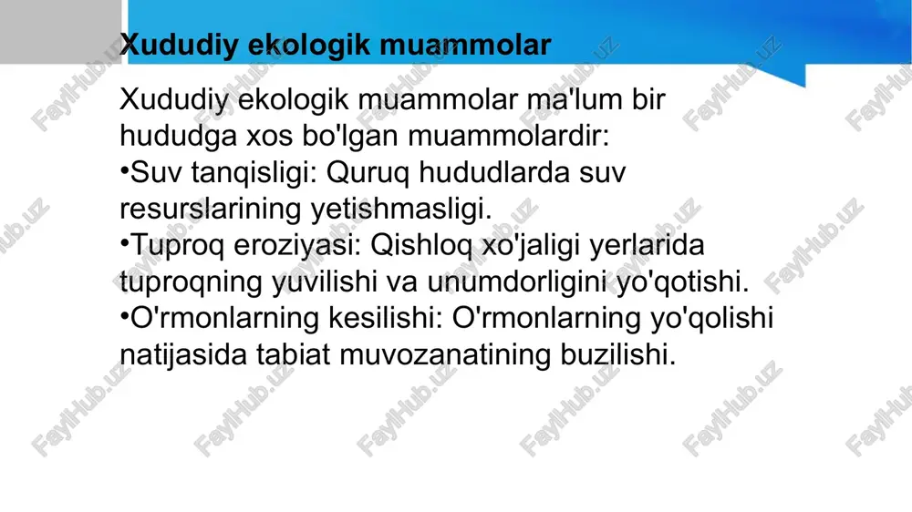 ki avtomobillarni yangi va ekologik toza transport vositalariga almashtirish. atrof-muhitni muhofaza qilish qonunlarini kuchaytirish: havo ifloslanishiga qarshi kurashish uchun qat'iy qonunlar va me'yorlar qabul qilish. daryo va ko'llarning ifloslanishi — global va hududiy muammo bo'lib, bu asosan inson faoliyati bilan bog'liq. suv manbalari ifloslanishining asosiy sabablari quyidagilar: sanoat chiqindilari: zavod va fabrikalar turli xil kimyoviy moddalarni daryolar va ko'llarga tashlashadi. bu moddalar suvni ifloslantiradi va suvdagi hayot uchun zararli bo'ladi. qishloq xo'jaligi chiqindilari: pestitsidlar va mineral o'g'itlar suvga tushib, ifloslanishga sabab bo'ladi. bu kimyoviy moddalar suvdagi o'simliklar va hayvonlar hayotiga salbiy ta'sir qiladi. maishiy chiqindilar: odamlarning maishiy chiqindilari, kanalizatsiya suvlari va plastik buyumlar daryolar va ko'llarga tashlanadi. neft va neft mahsulotlari chiqindilari: neft chiqarish, tashish va qayta ishlash jarayonida suvga neft chiqindilari tushishi mumkin. bu suvni ifloslantiradi va suvdagi hayot uchun zararli hisoblanadi. suv ifloslanishining salbiy oqibatlari: sog'liq muammolari: ifloslangan suv ichish va undan foydalanish orqali turli kasalliklar, jumladan, gastroenterit, …