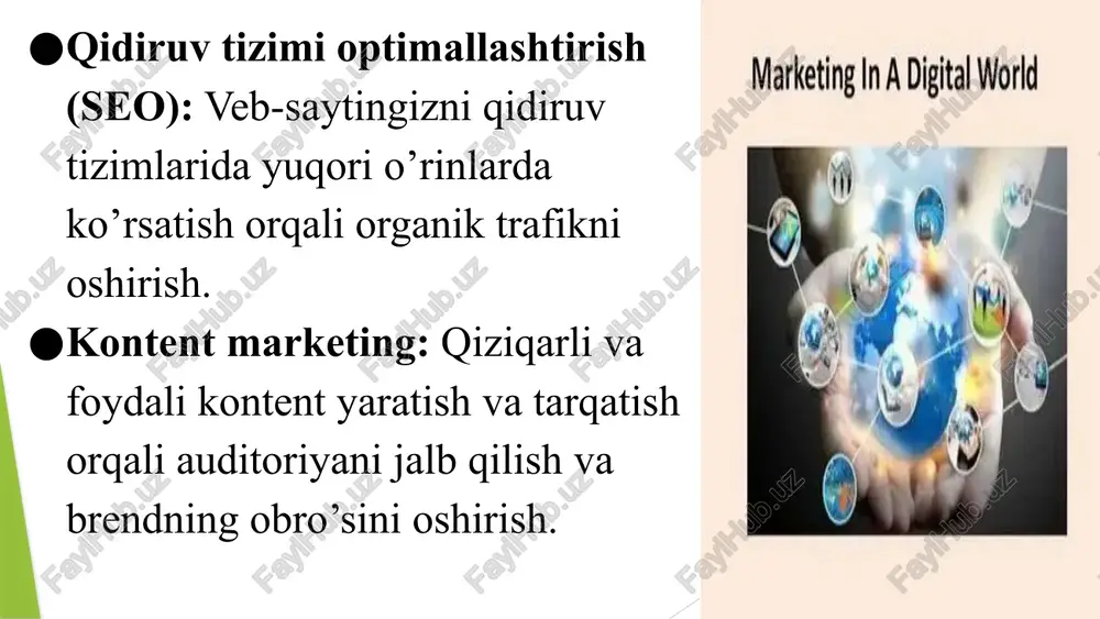 sh va marketing kampaniyalarining samaradorligini yaxshilash uchun foydalaniladi. 15 2. metaverse va virtual olamlarning ko’payishi: brendlar uchun yangi imkoniyatlar: metaverse va virtual olamlar brendlar uchun o’z auditoriyalari bilan o’zaro munosabatda bo’lish, virtual mahsulotlarni sotish va immersive tajribalar yaratish uchun yangi imkoniyatlar yaratadi. reklama va marketingning yangi shakllari: virtual olamlarda reklamalar, brendlar va kontent taqdim etishning yangi usullari ishlab chiqiladi. 16 3.ovozli qidiruv va ovozli marketingning o’sishi: voice assistantlar bilan o’zaro aloqa: ovozli assistantlar, masalan, siri, google assistant, alexa, marketing faoliyatida muhim rol o’ynaydi. ovozli qidiruv uchun optimallashtirish: veb-saytlar va kontent ovozli qidiruvlar uchun optimallashtiriladi. ovozli reklamalar: ovozli reklamalar va ovozli kontentga talab ortadi. 17 4. katta ma’lumotlar (big data) va axborot tahlilining kuchayishi: ma’lumotlarni yig’ish va tahlil qilishning kengayishi: mijozlar haqidagi katta hajmdagi ma’lumotlarni yig’ish, tahlil qilish va marketing qarorlarini qabul qilish uchun foydalanish muhim bo’ladi. ma’lumotlarga asoslangan qarorlar: marketing strategiyalari va kampaniyalari ma’lumotlar tahliliga asoslanadi. 18 5. mijoz tajribasiga …