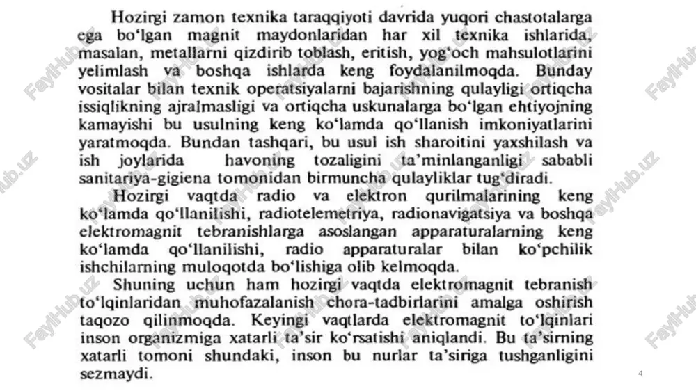 hisoblash mumkin. shuning uchun bu zonadagi normalashtirish eletromagnit maydonining ham elektr, ham magnit maydonlari qo'shilmalari sifatida olib boriladi. nurlanish zonasida_ esa maydon __harakatlanayotgan elektromagnit to‘lqinini vujudga keltiradi va bu harakatlanayotgan to‘lginning muhim parametri to‘lgin ogimining zichlik quwvati hisoblanadi. bu zonadagi normalashtirish intensivlikka asosan olib boriladi va bu intensivlik nuqtasimon manbagacha bo‘lgan masofa kvadratiga teskari proporsional bo‘ladi. p y= 4nk?” onektpommarhuthble bonhbi. cboiictba anektpo- marhuthbix bosh bes ecrectmernasx hay her enacernit conpeneniony seonexy, ges toft ‘oponolt mang, es atoro erpororo octurrani wes iran, ges to gunner oxpyxanomet ae xara ah. tepnes videouroki§ bunda, ry — manbaning nurlanish quwati. agar bu manba yo‘naltirilgan harakatga ega bo‘lsa (antenna), unda: pafcq, nk? bunda, q — antennaning kuchaytirish koeffitsiyenti bo'lib, hisoblashlar yordamida aniqlanadi. induktorlar, termik — qurilmalarning _kondensatorlari, generatorlarning ayrim qismlarini ulovchi__fider _ liniyalari, transformatorlar, antennalar, to‘iqin uzatgichlarning ochiq qismlari va o‘ta yugori chastota generatorlari elektromagnit to‘iqinlarining manbalari sifatida qaralishi mumkin. bu manbalarda hosil bo‘ladigan …