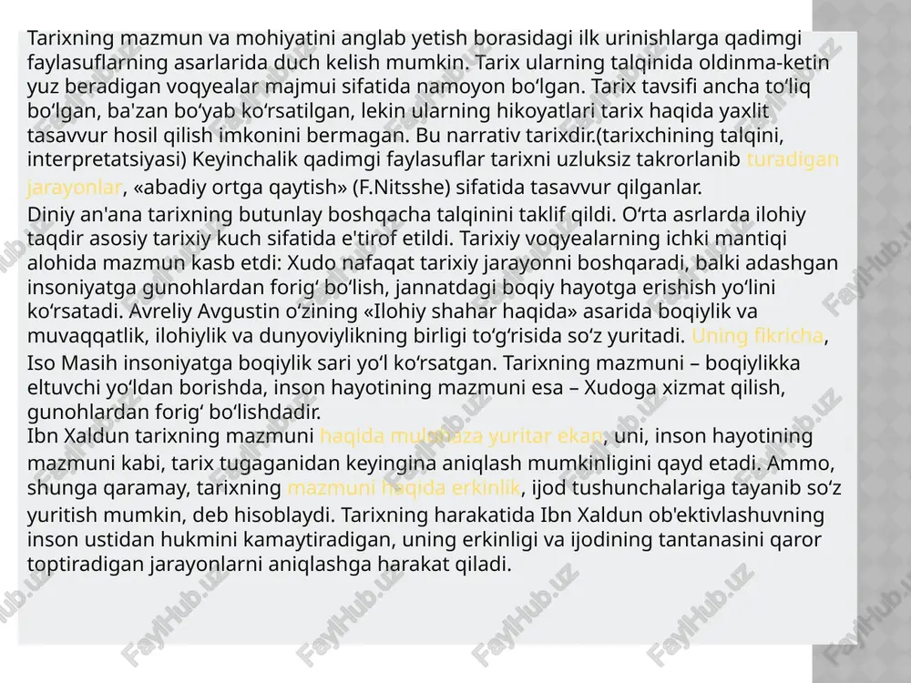 image4.png image5.jpeg image6.jpeg image7.png image1.jpeg hapsynna mypacb taphx dajicadach xviii — xix asr o’rtalarida tarix falsafasi j.j, russoning jijtimoiy — siyosiy qarashlari. j.j. russo 1712 yil jenevada soatsozlar oilasida dunyoga keladi. u dastlabki ta’limni 0’zi tug’ilib o’sgan joyidan oladi. u 1741 yili parijga kelib, u yerda golbax didro va boshqalar bilan juda yaxshi munosabatda bo’ladi. russo didro tashkil etgan. “ensiklopediya”da uning taklifiga binoan ishtirok etadi. russoning jamoatchilikka keng tanilishida uning “fan va _ sanat hagqidagi mulohazalar” (1750) asri muhim ahamiyat kasb etganligi ma’lum. russoning “insonlar o’rtasidagi tengsizlikning kelib )ychigishi va asoslari _to’g’risida mulohazalar” asri uning obro’siga yana obro’ qo’shadi. u “fanlarning ma’naviyatga ta’siri” asarida o’zi yashab turgan sivilizatsiyani tengsizlik sivilizatsiyasi deb tanqid qiladi. ee _ or gg it i knaccvlsm - revere 8 xyfoxectbehho pi ebponelickux ctpah 17-ro ha¥ana 19 bekob, ctpemmbueeca k co3ahnio bosbbilehhbix, maeanhbix pal\mohanmctmyeckm 4etkux m nnactayeckh 3abepllehhbis npowsbegehni uckycctba mo ahtmyhbim knaccm4eckum o6pasuam. mpeactasutenu knaccuumama o6pauanues'k …
