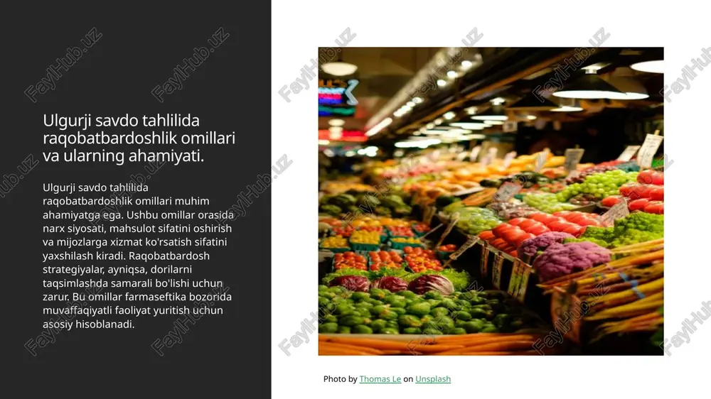 qartirishga yordam beradi, bu esa raqobat ustunligini ta'minlaydi. xulosa 01 farmatsevtika bozorida ulgurji savdo muhim ahamiyatga ega farmatsevtika bozorida ulgurji savdo, dori-darmonlarni samarali taqsimlash va iste'molchilarga yetkazib berishda muhim rol o'ynaydi. bu jarayonni to'g'ri tashkil etish, raqobatbardoshlikni oshiradi. 02 o'zbekistonda muammolar va imkoniyatlar o'zbekistonda farmatsevtika ulgurji savdosida bir qancha muammolar mavjud. biroq, bozorni rivojlantirish uchun imkoniyatlar ham ko'p, jumladan innovatsion yechimlar va ta'minot zanjirini yaxshilash. 03 raqobatbardoshlikni oshirish strategiyalari raqobatbardoshlikni oshirish uchun samarali strategiyalar ishlab chiqish zarur. bu, nafaqat ta'minot zanjirini optimallashtirish, balki innovatsion yondashuvlar orqali ham amalga oshirilishi mumkin. e'tiboringiz uchun rahmat! image1.jpg image2.jpg image3.jpg /docprops/thumbnail.jpeg click to edit m