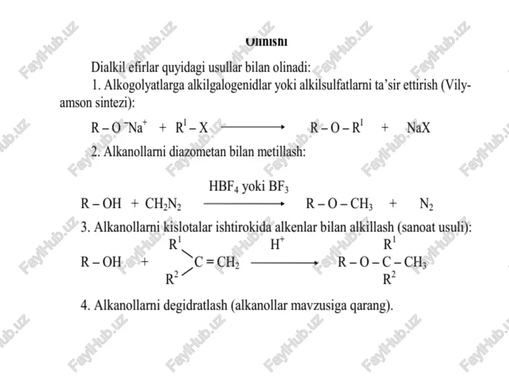 ni 250°c da tarkibida kumush tutgan katalizator ishtirokida oksidlash (98-bet). 2. etilenxlorgidrin orgali: ch + ch2:=ch: + ho —_— cl-ch2-ch2-oh + hcl 2 cl- ch) -ch,-oh + ca(oh); ——+ 2ch;—ch, + cacl, + ho so = 3. epoksibirikmalar alkenlarni perkarbon kislotalar (r-coooh) bilan oksidlab olinadi : hy /chs yo) hy chcl + cr -cq + cr,coon hc’ =h ‘0-oh h,c% so ganshaten 2 —— perteitton. trans-buter-2 sirka kislota oksidi es be fe) h,c — ch) h3c ch; o's atomlar epoksid halgasidajoylashganda atom orbitallar__dialkil efirlardagidek maksimal emas, balki gisman qoplanadi. demak epoksidlardagi bog’lar dialkil efirlardagi bog’lardek mustahkam emas. shu bois epoksidlar nukleofil va elektrofil reagentlar bilan dialkil efirlarga nisbatan juda oson reaksiyaga kirishadi. kislotalar (h»$o, yoki hspo,) katalizatorligida epoksidlar halqasi_ oson ochiladi. chunki kislota protoni ta’sirida hosil bo’ladigan protonlangan epoksidlarga nukleofillar hujumi osonlashadi: ho = -c—c- -c—c- +h ho “oh; —* ho oh hy _| glikol cc cc n-o ‘o” ‘ot …