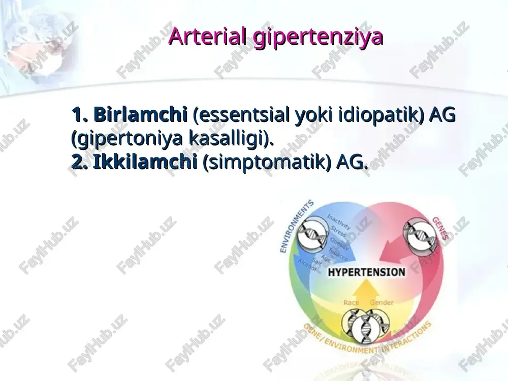 rtkisining kuchayishi va chapga siljishi, yurak nisbiy chegarasining chapga siljishi, qon tomirlari tutamining kengayishi yurak auskultatsiyasi i ton kuchsiz yoki «soqov» aorta ustida ii ton aksenti aortada funksional shovqin aniqlanadi mitral qopqoqlarning nisbiy etishmovchiligida – cho'qqida i ton susayishi, sistolik shovqin bilan eshitiladi va qo'ltiqosti sohaga o'tkaziladi arterial puls arterial puls to'liq, taranglashgan, katta, ko'pincha taxikardiya va aritmiyalar aniqlanadi. arterial qon bosim nazorati sutka davomidagi aqb dinamikasi to'g'risida kengroq ma’lumot olish aqbni davomli kuzatishning zamonaviy monitoring tizimi avtomatik monitoring tizimi yordamida olingan aqb darajasining sutkalik o'zgarishini o'lchash jadvali tekshiruv dasturi qon va siydik umumiy tahlili siydik sinamalari (nechiporenko, zimnitskiy, reberg) qon biokimyoviy tahlili ekg exoks ko’krak qafasi rentgenografiyasi buyraklar utt oftalmoskopiya chap qorincha gipertrofiyasi ekg belgilari rentgenologik tekshiruv i daraja — chap qorincha orqa konturi umurtqa chekkasigacha boradi; ii daraja — orqa kontur umurtqa soyasiga usma-ust tushadi; iii daraja — orqa kontur umurtqa soyasi bilan to'liq kesishadi exoks chap qorincha …