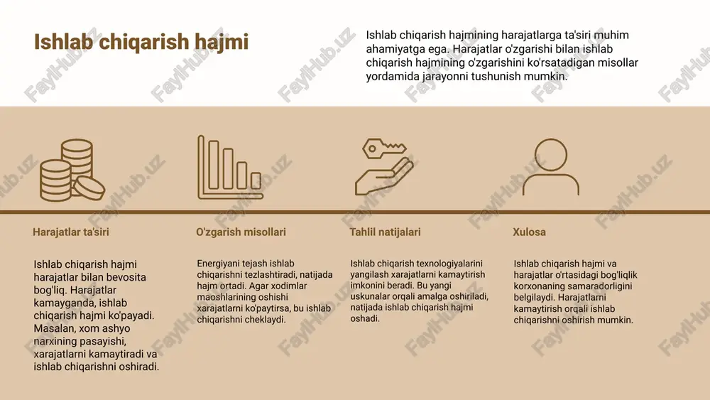 kabi asosiy strategiyalarni qo'llash zarur. muvaffaqiyatli strategiya misoli masalan, xyz kompaniyasi xarajatlarni kamaytirish va yangi mahsulotlar chiqarish orqali foydasini 30% ga oshirgani haqida misol keltirish mumkin. foyda ko'rsatkichlarini oshirish strategiyalari foyda ko'rsatkichlari biznes samaradorligini o'lchovchi muhim ko'rsatgichlardir. ularni oshirish uchun xarajatlarni kamaytirish, mahsulot diversifikatsiyasi va samarali marketing strategiyalari zarur. foyda oshirish usullari tahlili foyda oshirish usullari tahlili, kompaniyaning biznes strategiyalarini yanada samarali qilish uchun zarurdir. ushbu tahlil orqali turli usullar, masalan, narxlarni oshirish, xarajatlarni kamaytirish va mahsulotni diversifikatsiya qilish ko'rib chiqiladi. har bir usulning ta'siri va iqtisodiy foydasi baholanadi. afzalliklar va kamchiliklar har bir foyda oshirish usulining o'z afzalliklari va kamchiliklari mavjud. masalan, narxlarni oshirish usuli tez foyda keltirishi mumkin, lekin bu mijozlarning qoniqish darajasini pasaytirishi va raqobatchilarga osonroq o'tishga olib kelishi mumkin. xarajatlarni kamaytirish esa uzoq muddatda barqaror foyda ta'minlaydi, lekin bu mahsulot sifatini pasaytirishi mumkin. swot tahlili swot tahlili har bir usul uchun chuqurroq tahlil o'tkazish imkonini beradi. …