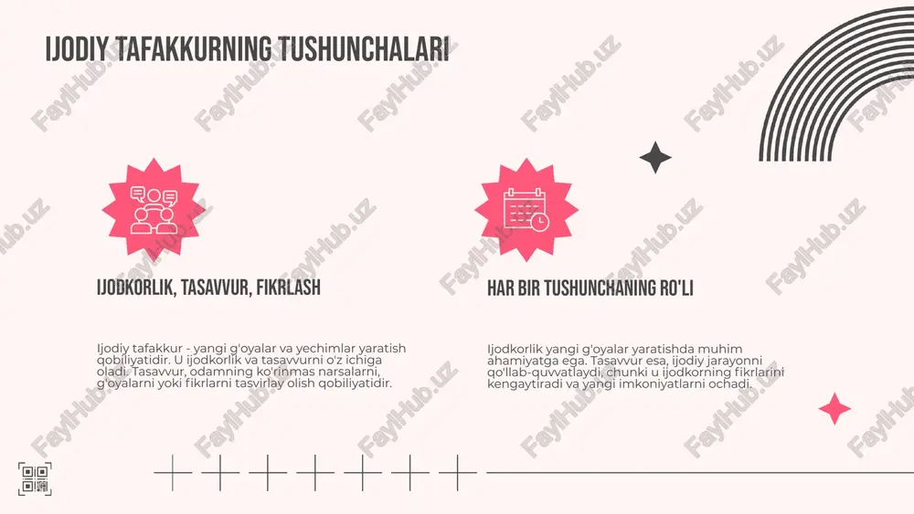 da tajriba o'tkazish va ularni qayta ko'rib chiqish. rivojlanish jarayonida muhim omillar: - o'z-o'zini anglash: shaxsning o'z imkoniyatlarini va cheklovlarini tushunishi. - ilm-fan va texnologiyaning rivoji: yangi bilim va texnologiyalardan foydalanish. photo by element5 digital on unsplash ijodiy rivojlanishga ta'sir etuvchi omillar muammo yechimi: ijodiy jarayonlar ijodiy jarayonlarni tahlil qilish muammolarni hal etishda muhim ahamiyatga ega. ushbu jarayonlar innovatsion fikrlashni rivojlantirishga yordam beruvchi metodologiyalarni o'z ichiga oladi va ijodiy yechimlarni ishlab chiqish uchun zarur bo'lgan qadamlarni belgilaydi. ijodiy muhitning roli ijodiy muhit ijodiy fikr va faoliyatni rag'batlantiruvchi omil sifatida xizmat qiladi. 1. ochiq va qo'llab-quvvatlovchi muhit ijodiy g'oyalarni rivojlantirishga yordam beradi. 2. jamoaviy ish va fikr almashish ijodiy jarayonlarni tezlashtiradi. 3. muvozanatli muhit ijodiy salohiyatni oshirishga yordam beradi. amaliy usullar va ularni qo'llash ijodiy usullar va misollar ijodiy usullar innovatsion fikrni rivojlantirishda muhim ahamiyatga ega. ular o‘z ichiga brainstorming, rolga kirish va boshqa amaliy usullarni oladi, bu esa ijodiy jarayonni …