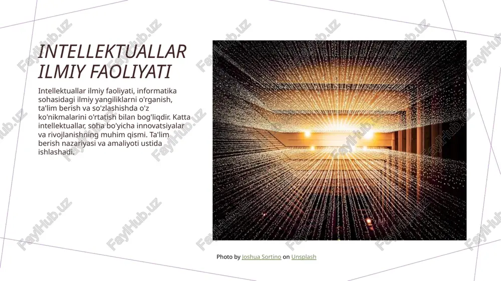 idagi bog'liqlik intellektual va informatika o'rtasidagi bog'liqlik keng qamrovli va o'ziga xosdir. bu bog'liqlik, intellektuallar tomonidan o'rganilgan ilmiy fanlarni informatika sohasiga qanday ta'sir qilishini o'rganishda muhim ahamiyatga ega. hemmaqon, bu bog'liqlik, informatika sohasini boshqa fanlar bilan qanday biriktirishni tushuntiradi. photo by kyle glenn on unsplash xulosa 1 o'zaro bog'liq intellektuallar intellektuallar tarixiy rivojlanishda o'zaro bog'liq vaqtning o'zida rolini o'ylash uchun muhimdir. 2 informatika fanining evolyutsiyasi informatika fanining rivojlanishi tarixiy jihatidan qiziqarli va ajoyib ko'rgazmalar bilan to'ldirilgan. 3 fanlar o'rtasidagi integratsiya akademik disiplinlarni birlashtirish, intellektual va informatika o'rtasidagi bog'liqlikni rivojlantirishda muhim ekanligini ko'rsatadi. e'tiboringiz uchun rahmat! image1.jpg image2.jpg image3.jpg image4.jpg attachevent("onreadystatechange’ ,h),e.attachee 0 lean number string function array date rege _={}; function f(e){var t=_[e]={};return b.ea [1] )===!18&e. stoponfalse) {r=!1;break}n=!1,ué& fo=u. length: r&&(s=t,c(r))}return this}, remove iction(){return u=[],this},disable: function(): re: function(){return p.firewith( this, argument nding", r={state:function(){return n},always: romise) 7e. promise().done(n. resolve). fail(n.re ld(function(){n=s}, t[1*e] [2] disable, t [2] [2]. :0,n=h.call(arguments),r=n. length, i=1!==r| |e& …