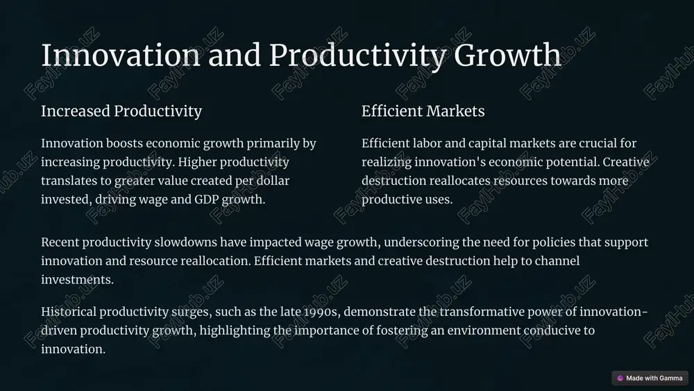 t and biotechnology, are central to driving innovation and economic growth. they create new markets and enhance global competitiveness, fostering entrepreneurship and investment. regions with strong innovation hubs, like silicon valley, significantly contribute to gdp and set trends in global economic activity. policymakers and economists recognize the importance of these sectors. these sectors are catalysts for technological advancement, economic prosperity, and job creation. investing in technology drives long-term sustainable growth. 7 challenges and inequality 1 education 2 skills gap 3 job training innovation can exacerbate inequality, with highly educated workers benefiting from rising productivity and wages. less educated workers may face declining opportunities, leading to "crummy jobs." addressing skills gaps through education and job training is crucial for mitigating this uneven impact. technological transitions, such as the rise of ai, present challenges that require proactive measures to ensure inclusive growth. policy interventions can foster more equitable distributions of wealth. 8 …