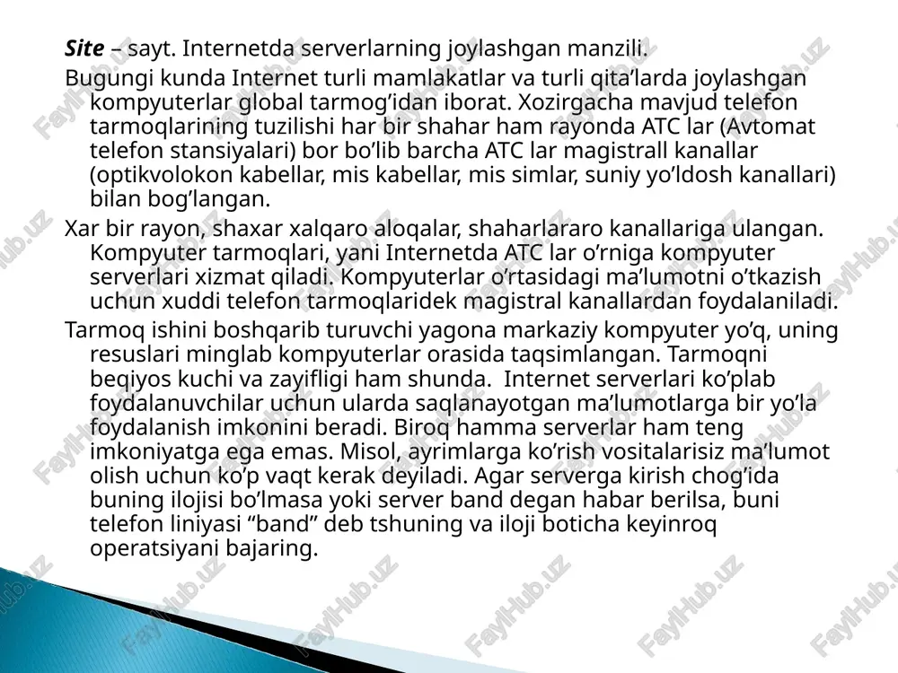 g har bir ish o‘rni taxminan 50 aqsh dollariga tushadi. internetdan yuridik shaxslar quyidagi yo‘nalishlarda foydalanadilar: * internetning asosiy protokolllari. internetni yaratish uchun qator tashkiliy va texnologiyaviy masalalarni rejalashtirib, ularni amalga oshirish lozim. tashkiliy masalalar. avvalo, internet strategiyasini belgilovchi qarorlar qabul qiluvchi mas'ul shaxs - internet rahbari tanlanadi va uning ixtiyoriga maslahatchilar, va ishchi guruh biriktiriiladi. maslahatchilar sifatida internet yaratish tajribasiga ega mutaxassis-ekspertlar tanlanadi. ishchi guruhga tarmoq tizimi ma'muri,; * web-masterlar, tarmoq xavfsizligi bo‘yicha mutaxassis, axborot ta'minoti bo‘yicha mutaxassis, dasturlovchilar va foydalanuvchilar vakillari kiritiladi. internetdan foydalanuvchilar vakillari uchun qisqa muddatli o‘qish tashkil etiladi. texnologiyaviy masallar. internet yaratishda quyidagi tamoyillar asos qilib olinadi: mavjud komputer tarmog'i (agar u mavjud bo'lsa) yoki unga tegishli qismlardan imkoni boricha to'la foydalanish; sinovdan o‘tgan mavjud texnologiyalarni * tayyor dastur ta'minotlarini qo‘llash; internetning ochiq standartlaridan foydalanish. internetning bosh texnologiyasi - web texnologiyasidir. chunki, u axborotni nashr qilish va undan birgalikda foydalanish uchun juda qulay bo‘lib, tarmoqning …