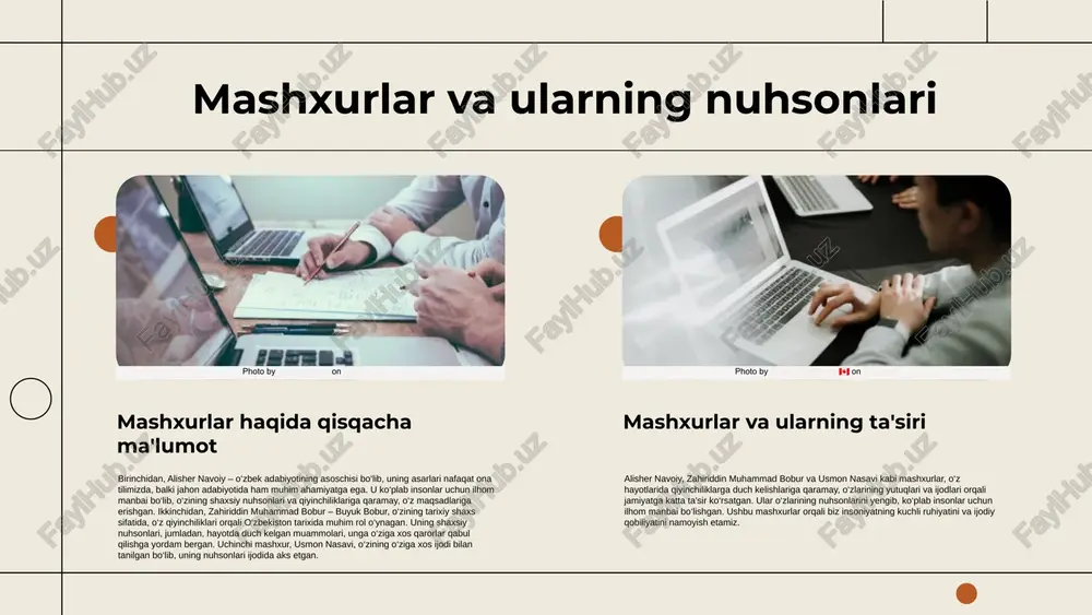 qilishga intilishlari kerak. misol uchun, angelina jolie o'zining inson huquqlari himoyasi bo'yicha faoliyati bilan tanilgan, bu orqali u ko'plab insonlarni ijtimoiy masalalarga e'tibor berishga undadi. shuningdek, malala yousafzai ta'lim va qiz bolalar huquqlari uchun kurashish orqali ijtimoiy o'zgarishlarni keltirib chiqardi. bu kabi misollar mashxurlar ijtimoiy hayotda qanday ta'sir ko'rsatishini ko'rsatadi. photo by priscilla du preez 🇨🇦 on unsplash mashxurlar va ularning ta'siri ijtimoiy xabardorlikni oshirish mashxurlar ijtimoiy xabardorlikni oshirishda muhim rol o'ynaydi. ular o'zining mashhurligidan foydalangan holda, muhim ijtimoiy masalalar haqida ommaga ma'lumot berishadi va e'tiborni jalb qilishadi. misol uchun, ekologik muammolar yoki ta'lim sohasidagi muammolar haqida gapirish orqali, ular jamiyatda o'zgarishlar keltirib chiqarishi mumkin. misollar mashxurlar tomonidan olib borilgan ijtimoiy kampaniyalar haqida bir necha misol keltirish mumkin. misol uchun, taniqli san'atkorlar 'yashil o'zbekiston' aksiyasi doirasida ekologik muammolarni hal qilishga qaratilgan tadbirlarda faol ishtirok etishadi. shuningdek, mashhurlar to'plangan mablag'larni ta'lim va sog'liqni saqlash sohalariga yo'naltirishda muhim rol o'ynaydilar. photo by …