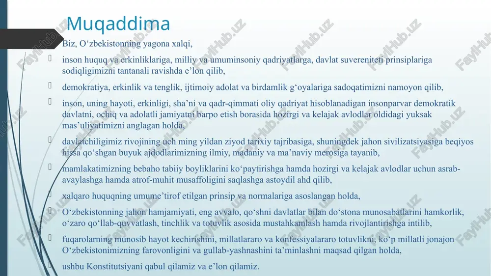 eskicha ma’muriy-buyruqbozlik tizimi qoldiqlari nihoyat barham topdi, ko‘ppartiyaviylik, g‘oya va fikrlar xilma-xilligi odatiy holga aylanib bormoqda. yangi o‘zbekiston — ijtimoiy va dunyoviy davlat konstitutsiyamiz muqaddimasida davlat va jamiyat taraqqiyotining huquqiy mafkurasi, xalqimiz yangi o‘zbekistonni bunyod etish yo‘lida tayanadigan konstitutsiyaviy qadriyatlar va tamoyillar aniq belgilab berilgan. birinchi tamoyil — inson huquq va erkinliklariga, milliy va umuminsoniy qadriyatlarga, davlat suvereniteti prinsiplariga sodiqlik. bu bilan konstitutsiyamiz insonning asrlar davomida dunyoda shakllangan asosiy ma’naviy-axloqiy qadriyatlari va asosiy huquqlarini o‘zida mujassam etgan holda, insonning oliy qadriyati — uning hayoti, erkinligi, sha’ni va qadr-qimmati ekanini e’lon qildi. ikkinchi tamoyil — demokratiya, erkinlik va tenglik, ijtimoiy adolat va birdamlik g‘oyalariga sadoqat. inson huquqlari bo‘yicha xalqaro huquqda “inson qadr-qimmati” tushunchasi har bir inson hurmatga loyiq ekanini tushunishga asoslangan tenglik va shaxsiy erkinlik tushunchalari bilan uzviy bog‘liq. uchinchi tamoyil — hozirgi va kelajak avlodlar oldidagi yuksak mas’uliyatimizni anglash (avlodlar huquqlari tengligi prinsipi), shuningdek, mamlakatimizning bebaho tabiiy boyliklarini ko‘paytirishga hamda …