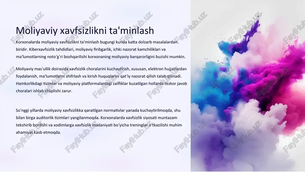 ror rivojlanish tamoyillari korxonaning uzoq muddatli muvaffaqiyati uchun asos bo‘lib xizmat qiladi. iqtisodiy jihatdan barqaror, ijtimoiy va ekologik mas’uliyatni hisobga olgan qarorlar qabul qilish extiyojlari kuchaymoqda. korxonalar investitsiya va moliyaviy siyosatlarni shakllantirishda esg (environmental, social, governance) tamoyillarini joriy qilmoqda. bu esa nafaqat moliyaviy ko‘rsatkichlarni yaxshilashga, balki brend imidjini mustahkamlashga ham yordam beradi. barqaror rivojlanishni amalga oshirish uchun korxonalar resurslarni tejash, energiya samaradorligini oshirish va ijtimoiy adolatni ta’minlashga qaratilgan strategiyalarni ishlab chiqishlari kerak. shu bilan birga, moliyaviy hisobotlarda bu ko‘rsatkichlarning ochiqligini ta’minlash zarurati ortib bormoqda. moliyaviy hisobotlarning shaffofligi sifatli moliyaviy hisobotlar korxonaning imidjini oshiradi va investorlar hamda boshqa manfaatdor tomonlar ishonchini mustahkamlashda muhim rol o‘ynaydi. shaffoflik moliyaviy axborotning to‘liqligi, aniq va oson tushunarli bo‘lishi bilan belgilanadi. korxonalar global standartlarga mos hisobotlar tayyorlashga intilmoqda, bu esa xalqaro moliyaviy bozorlar bilan integratsiyani soddalashtiradi. hisobotlarning elektron shaklda taqdim etilishi va real vaqt rejimida yangilanish imkoniyati o‘rtacha bozor tezligi talablariga javob beradi. moliyaviy shaffoflikni ta’minlash …