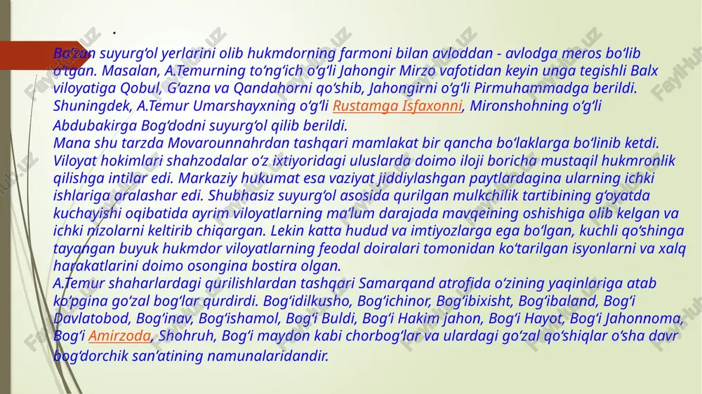 ki, xurosondagi so‘nggi temuriylardan biri sulton husayn boyqaro bolo murg‘ob va marv shahri oralig‘idagi hududlarda kanallar qazitish, tamirlash, ekinzorlar barpo qilish tadbirlarini amalga oshirgan xv asrda mavarounnahr va xurosonda yer egalari «dehqon» ekin maydonlariga ishlov beruvchilarni «muzoriy» deb yuritilgan. muzoriy ya’ni ziroatchilar qishloqning mehnatkash tabaqasi bo‘lib, ular to‘rt guruhga bo‘lingan: 1. davlat yerlarida yashovchi muzoriylar. 2. mulkdorlarning yerlarini ishlovchi muzoriylar. 3. o‘z yeriga ega bo‘lgan dehqonlar. 4. vaqf mulklarida yashovchi muzoriylar. akademik v.v.bartold amir temurning ziddiyatli faoliyatiga shunday baho beradi: “temur ayni bir paytda beshafkat vayronakor va jonboz quruvchi edi: uning tomonidan ajoyib bog‘-rog‘lar bilan muhtasham binolar qurildi, shahar va qishloqlar tiklandi, sug‘orish tizimlari barpo etildi va tuzatildi: rasmiy tarixni ifoda etishiga, umuman ekin yetishtirish mumkin bo‘lgan yer bekor yotmagan.” temur o‘rta osiyo sharoitida dehqonchilikni tiklash va rivojlantirish sun’iy sug‘orish bilan bog‘lik ekanligini yaxshi tushungan. xuddi shu tarzda, temur faoliyatiga ko‘ra yerlarni sug‘orishga bog‘liq ishlar amalga oshirildi va angor tumani …