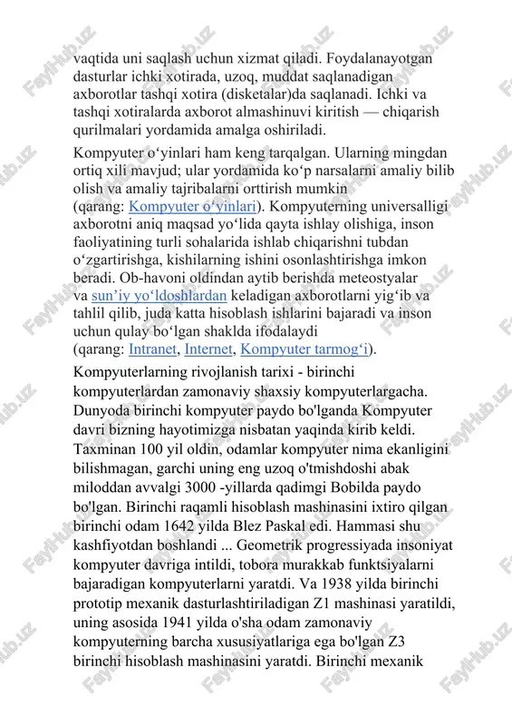 edi, u tasvirlagan kompyuterning printsiplari va tuzilishi keyinchalik von neyman deb nomlandi. demak, kompyuter qaysi yilda yaratilgan, birinchi kompyuter qayerda yaratilgan va kim birinchi kompyuterni yaratgani haqidagi savollarga turli yo'llar bilan javob berish mumkin. agar biz mexanik kompyuter haqida gapiradigan bo'lsak, unda birinchi kompyuterni yaratuvchisini konrad zuse va birinchi kompyuter ixtiro qilingan mamlakat - germaniya deb hisoblash mumkin. agar biz birinchi kompyuterni eniac deb hisoblasak, demak, jon mauchli aqshda birinchi kompyuterni yaratgan. birinchi kompyuterlar biz hozir ishlatadigan narsalardan ancha uzoqda edi - shaxsiy kompyuterlar. birinchi kompyuterlar ulkan edi, ko'pincha katta maydonlarni egallagan, uch xonali kvartiraning kattaligi va og'irligi 28 tonnagacha! shaxsiy kompyuterlar (pc) ancha keyin paydo bo'lgan. birinchi shaxsiy kompyuterlarni yaratish faqat 1970 -yillarda mumkin bo'lgan. ba'zi odamlar tadqiqot uchun qiziqish uchun uyda kompyuterlarni yig'ishni boshladilar, chunki uyda kompyuterdan deyarli foydalanish mumkin emas edi. va 1975 yilda birinchi shaxsiy kompyuter altair 8800 paydo bo'ldi, u tijoratda muvaffaqiyatli birinchi shaxsiy kompyuterga …