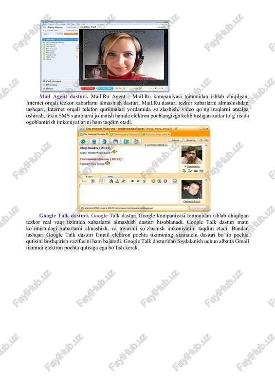 riladigan ma`lumotlar yoki izohlardan iborat bo`lgan sayt. bloglar odatda u yoki bu material web sahifasi tarkibida mavjud bo`lib, materialga berilgan izohlarni o`zida mujassamlaydi. viki – bu saytning o`zi tomonidan taqdim etiladigan uskunalar yordamida uning tuzilmasini va tarkibini foydalanuvchilar o`zgartira olish imkoniga ega bo`lgan web sayt. chat tushunchasi. internetda chatdan foydalanish va muloqot qilish. chat deganda real vaqt tizimida internet tarmog`i orqali xabarlarni tezkor almashish vositalari va ushbu muloqotni ta`minlab beruvchi dasturiy ta`minot tushuniladi. forumlarga nisbatan chat tizimida muloqot qilish va xabarlar almashish real vaqt tizimida sodir bo`ladi. chat - bu bir vaqtning o`zida bir necha foydalanuvchining internet orqali muloqotidir. bunda foydalanuvchilar odatda matn yozishish orqali yangiliklar bilan almashishadi, yoki biror mavzuni muhokama qilishadi, yoki gaplashishadi. chat tizimida barcha foydalanuvchilar o`zaro yozuv ko`rinishidagi xabarlarni almashish orqali muloqot qiladi. internet orqali so`zlashuv. internet orqali o`zaro muloqot deganda ikki yoki undan ortiq foydalanuvchilarning bir vaqtni o`zida, bir-birlari bilan internet tarmog`i orqali aloqa o`rnatilishi …