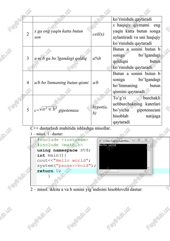or hisoblanadi? 7. ma’lumotlarnig chiqarish oqimi qaysi operator hisoblanadi? foydalanilgan adabiyotlar. 1. c++ tilida programmalash asoslari, sh. f. madrahimov, s. m. gaynazarov, toshkent – 2009. 2. c/c++ tilida masalalar va topshiriqlar, yusupov r. a., mirzanova sh, iskandarova s. n., samarqand – 2013. 3. cplusplus.com nachalo double a,b,x,y >>x>>y a=pow(sin(((x-y*y)+tan(x))/((x-y*y)+exp(3.7))),2)*sqrt(1+pow(log10(fabs(x-y*y)),2))�b=cos(a*x)*pow(a*(x-y*y),1.0/3)/(0.00001*(a*x-4)+exp(a)) cout.precision(3) >void") return 0 konets _1152091268.unknown inx logigx e = 2.7182818284590452354 ™ = 3.14159265358979323846 #include ©) cadev-cppiinclude\floc... = =) 28 #include jello world z using namespace std; aint main(){ cout >void") ; return 0; t cadev-cpp\include\floor... | = using namespace std; q int main() { int a,b; cin>>a>>b; cout >void") ; return 0; } #include using namespace std; int main() { double a,b,x,yi cin>>x>>y; fe pow (sin ( (ox y¥y) tian bx) ) / (be vty) toxp 3.7) )) 2) anat (ipow (log l.0 (abst ge yy) ) -2)) 2 bécos (a*x) *pow (a* (x-y*y) , 1.0/3) / (0.00001* (a*x-4) texp …