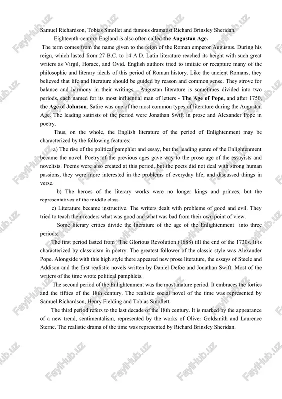 e-class commercial classes were gaining sufficient ascendancy to impose their obtuse views on the themes that would be acceptable in the theatre. outstanding in the early decades of the century is john gay’s “beggar’s opera”, a play with ballads (1728); oliver goldsmith’s “she stoops to conquer”, and richard brinsley sheridan’s “rivals” and “school for scandal”. the play, with its moral emphasis and its melodramatic theme, made a wide and immediate appeal. it was recognized that a new element had entered into drama, even if the dramatist who introduced it was obviously not of the first rank. the innovation is far more important than the play, for this way leads, however indirectly, to the modern social and realistic drama. the main literary trends of the age of the enlightenment in england were classicism, realism, sentimentalism and early romanticism, out of which, sentimentalism is a very english phenomenon. sentiment may be defined …